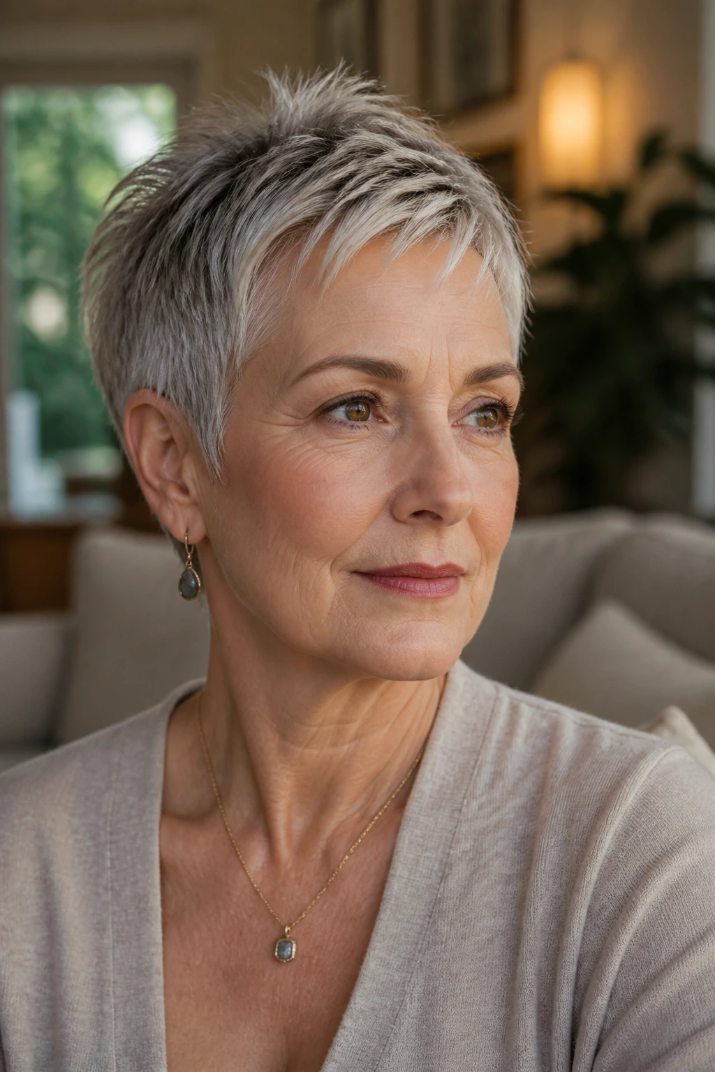 Older woman with pixie cut in warm indoor setting.