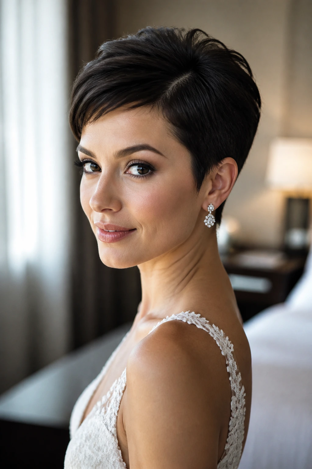 Close-up bride with sleek pixie cut and side part in warm window light