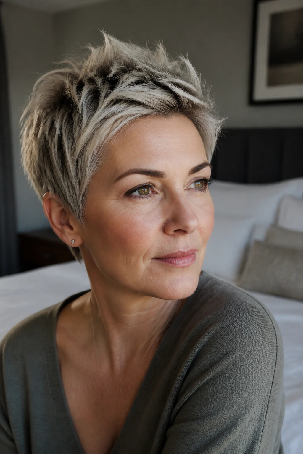Close-up of a real person with a pixie haircut showing crown lift and crisp perimeter