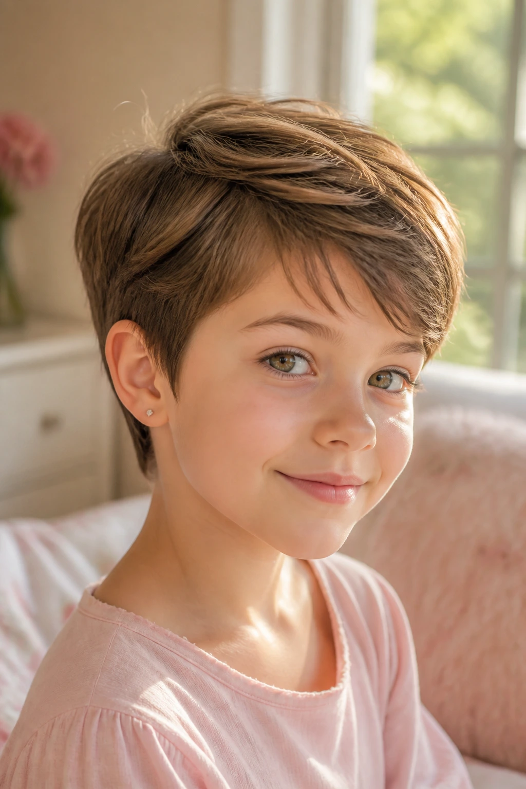 Close-up of a real kid with a pixie cut in a sunlit bedroom