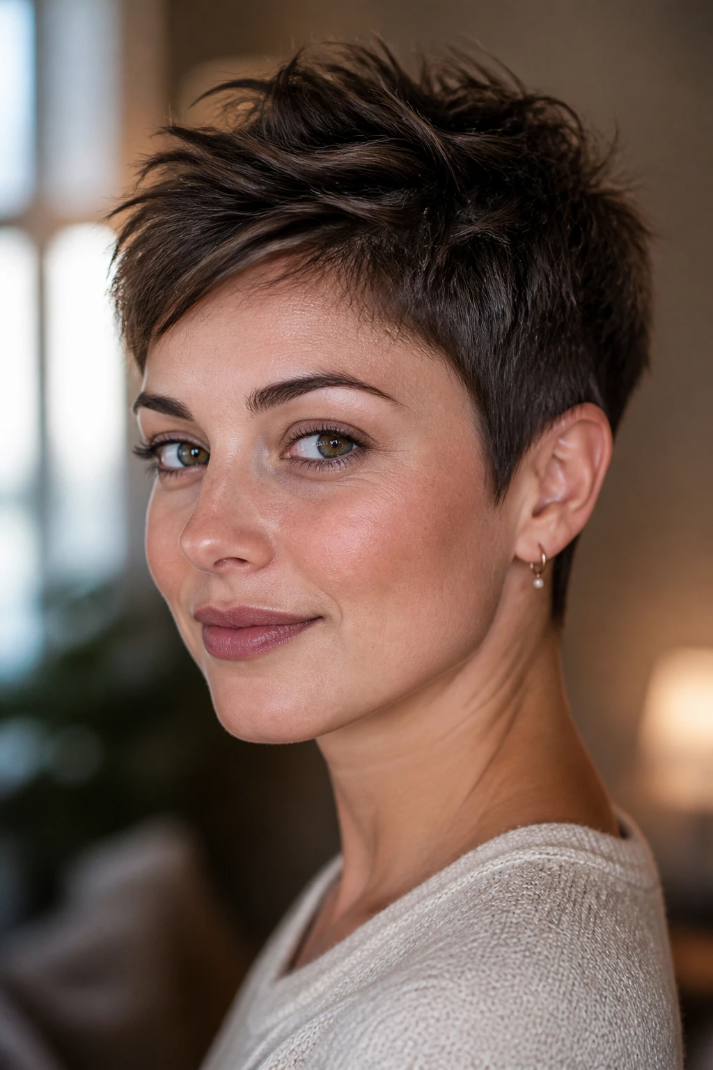 Close-up portrait of a real person with a pixie cut showing crown lift and tapered sides