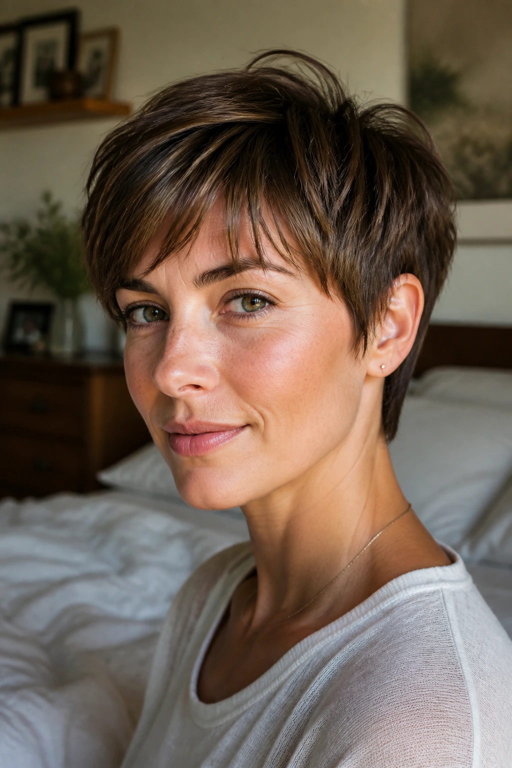 Close-up portrait of a real woman with a long crown pixie cut showing soft fringe