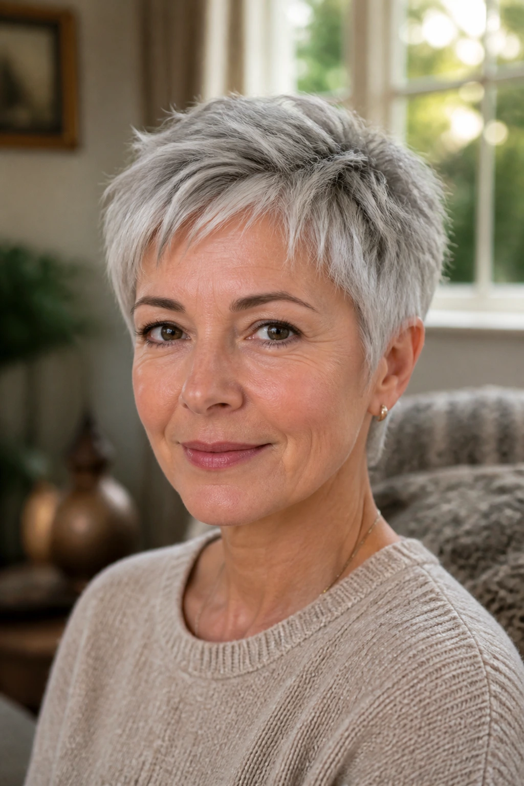 Close-up of a mature woman with a silver pixie cut, highlighting shine and layered texture