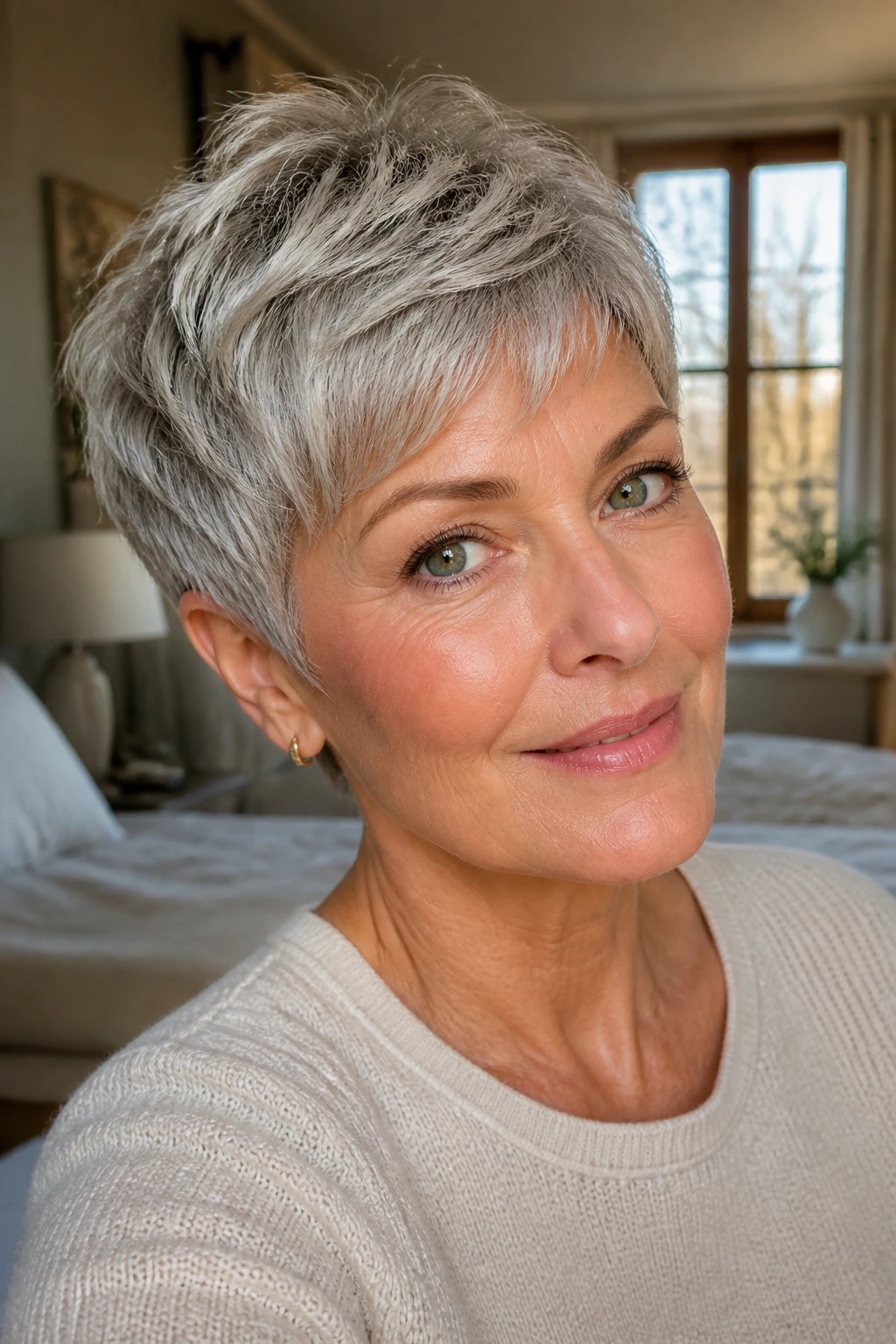 Close-up portrait of a real woman with a pixie cut in a sunlit bedroom