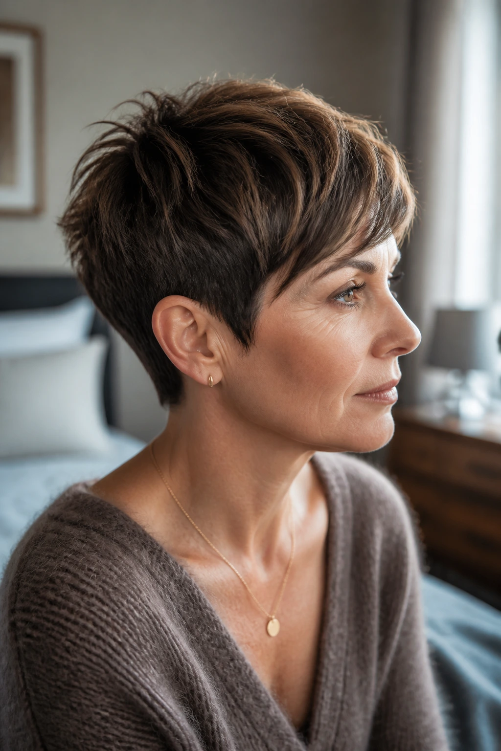 Close-up portrait of a real woman with a pixie cut showing architectural shape in natural window light.