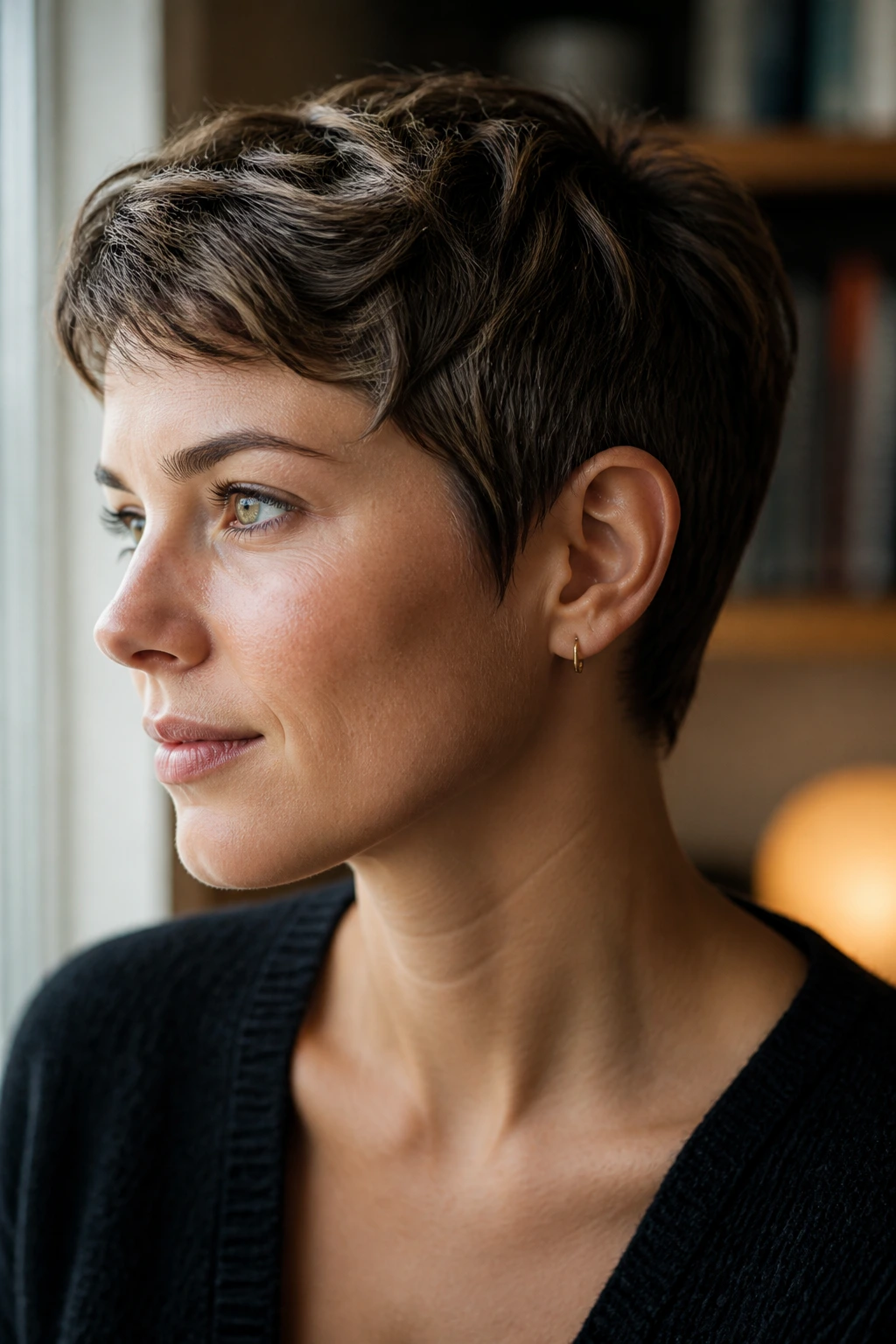 Close-up portrait of a real person with a pixie cut under natural window light