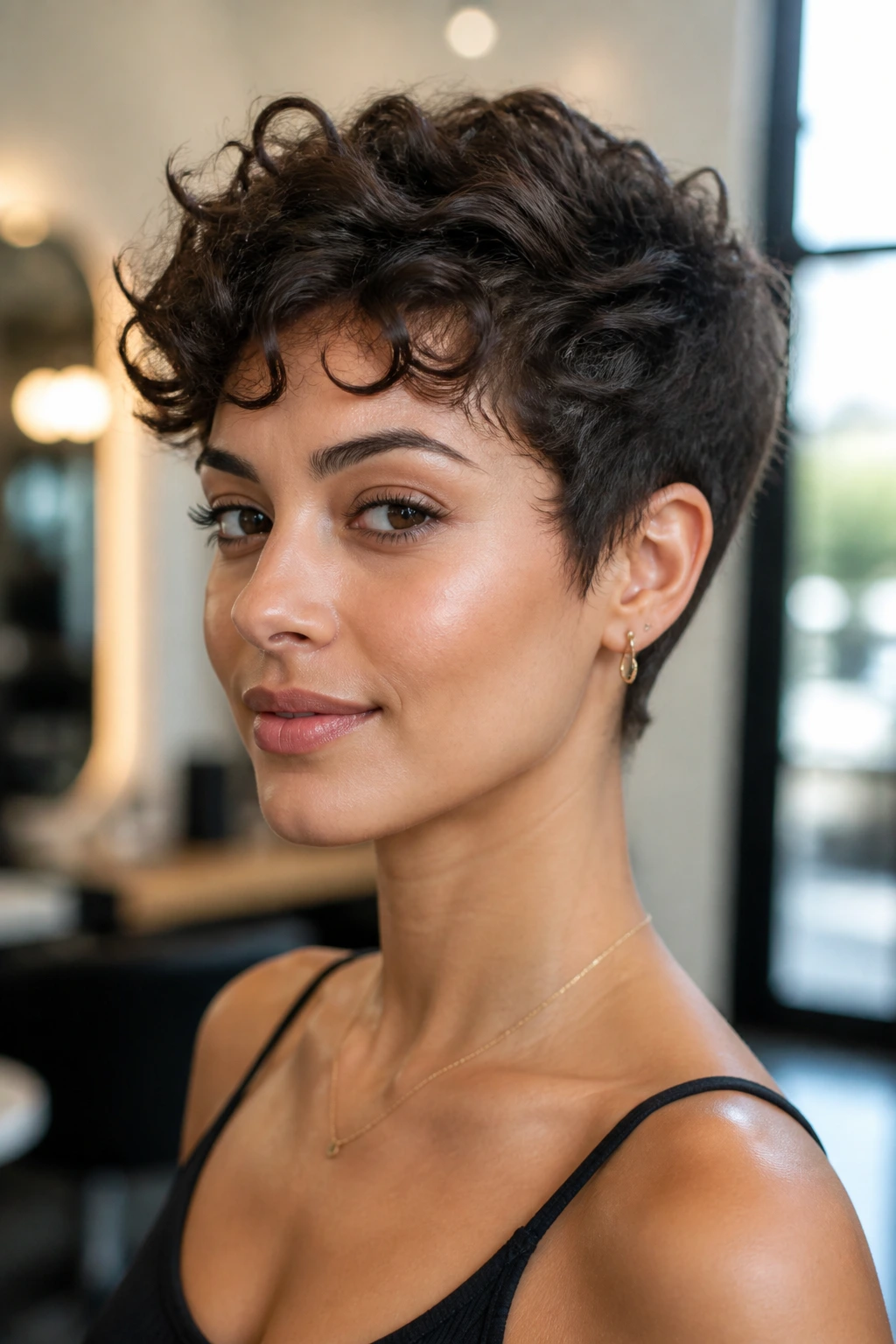 Close-up portrait of a real woman with a curly pixie cut, front view