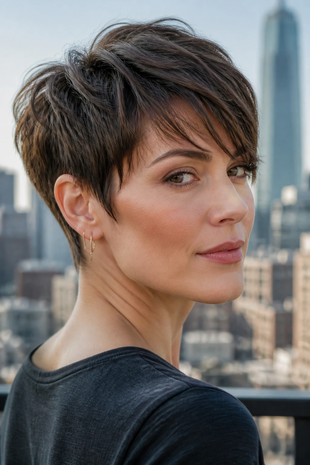 Real woman with chic pixie cut illustrating shape and proportion.