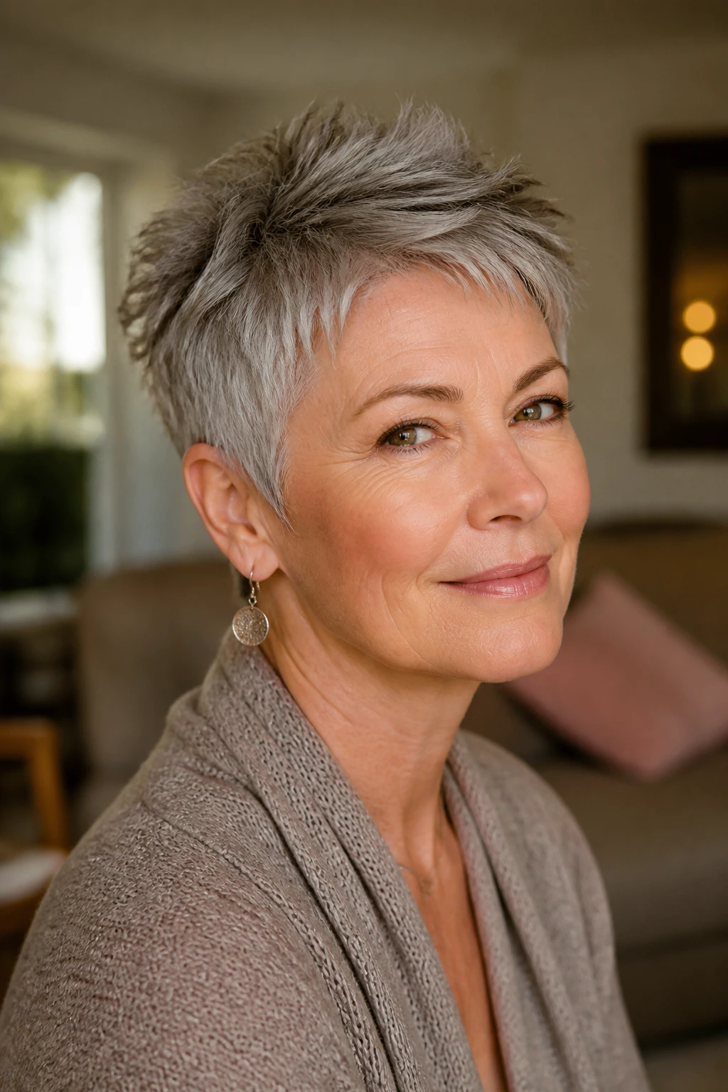 Close-up portrait of a woman over 50 with a textured pixie cut showing crown lift and clean nape.