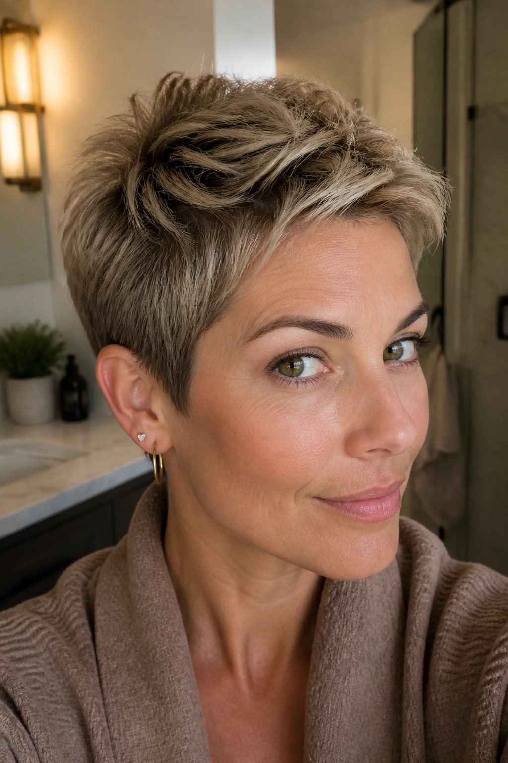 Pixie cut with day-two texture and crown growth in warm bathroom light
