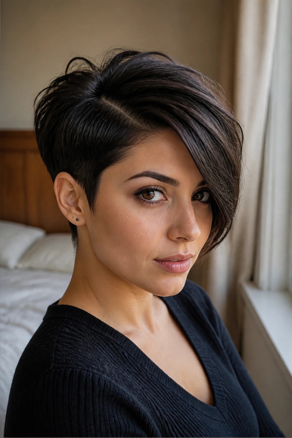 Close-up of a real woman with a deep side part pixie and lifted crown in warm window light