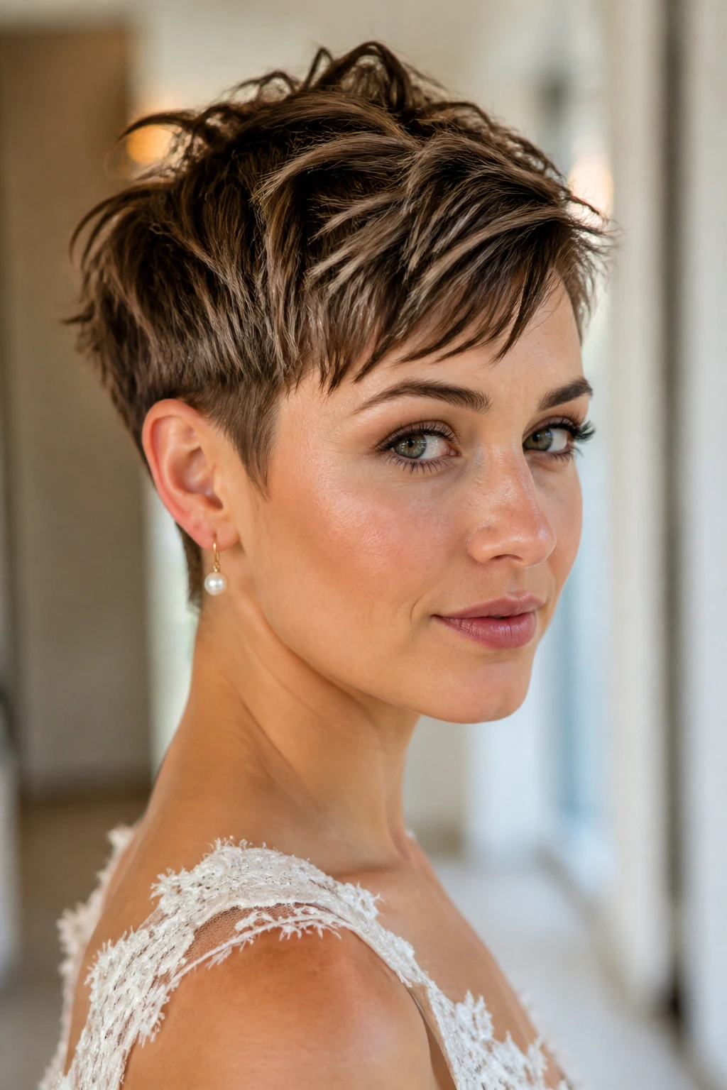 Portrait of a bride with a choppy pixie and tucked sides