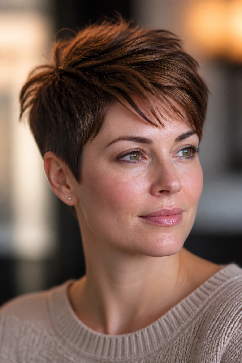 Portrait of woman with flattering pixie cut under natural light.