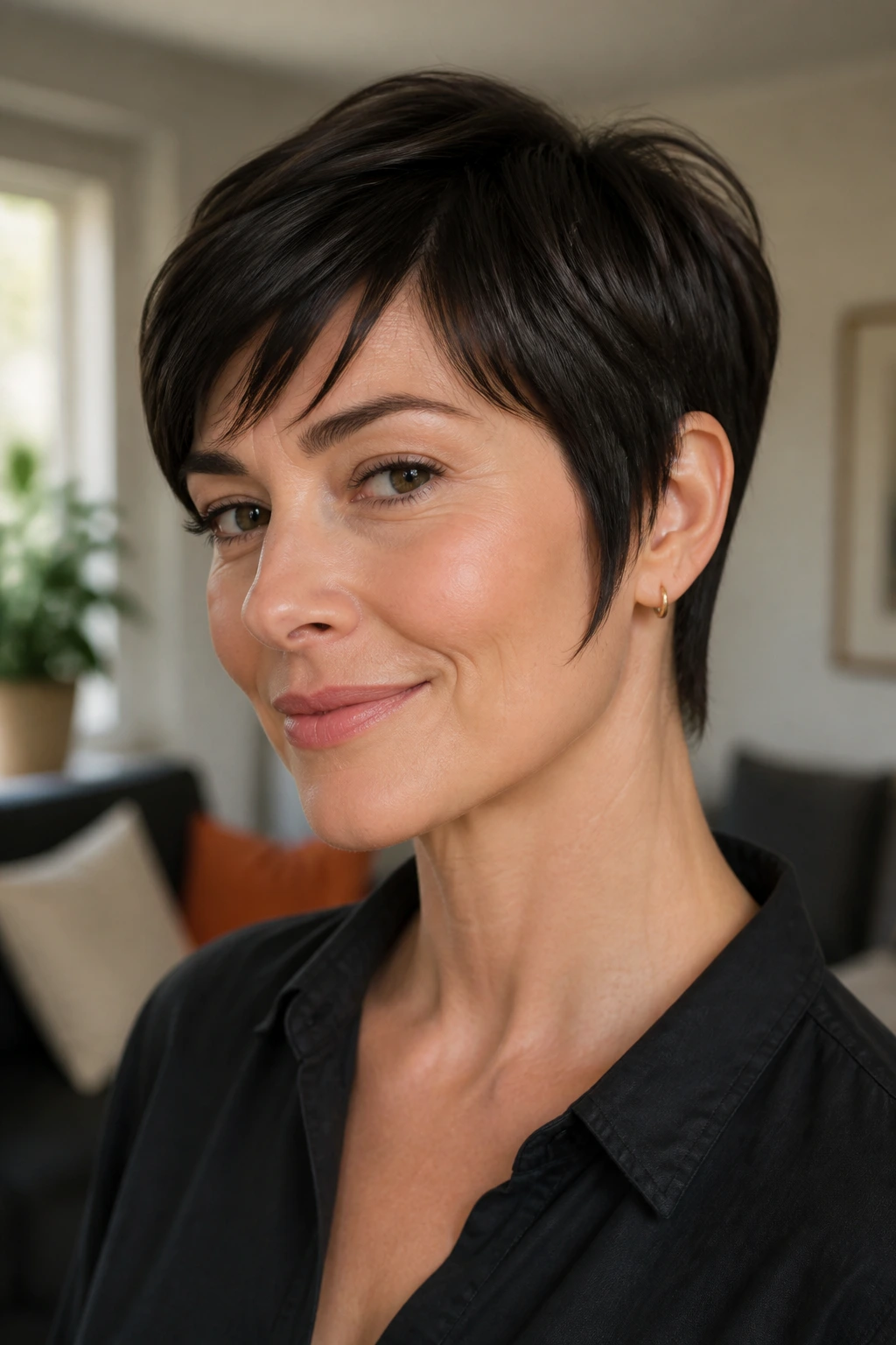 Portrait of a real woman with face-framing sideburn pixie under natural window light