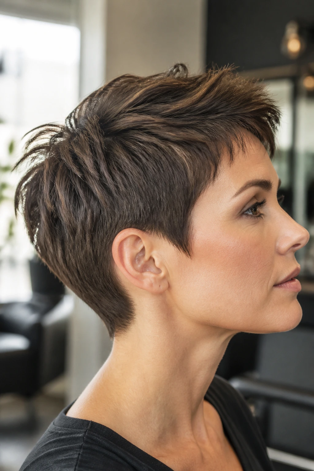 Portrait of a woman with a pixie haircut in a salon, showing face-shape and hairline considerations