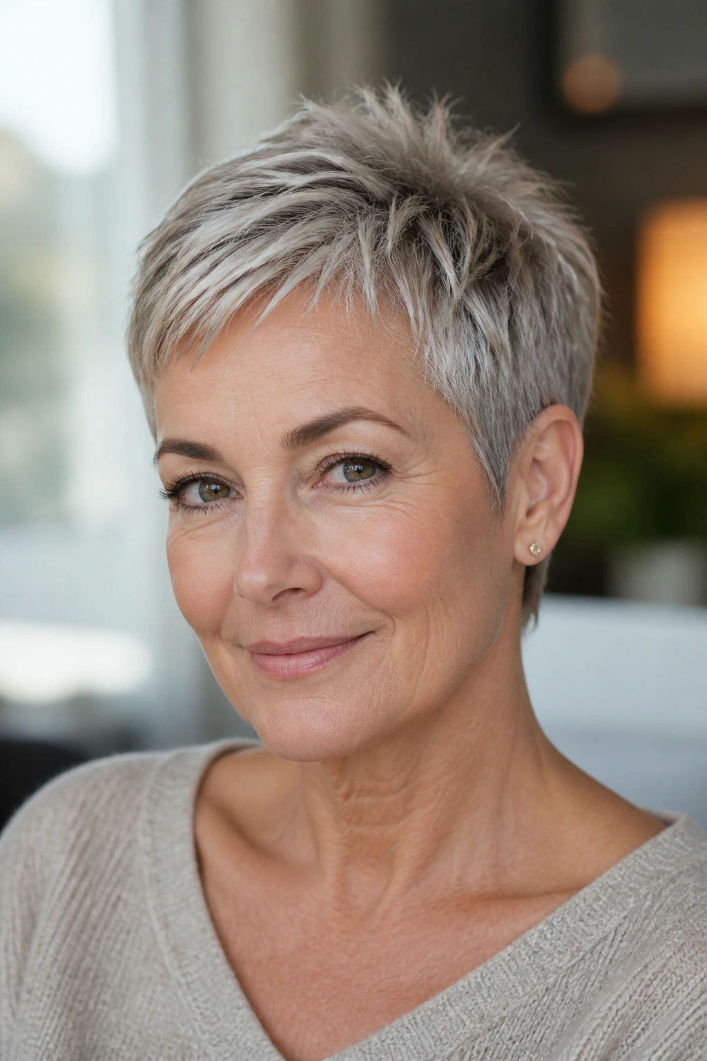 Portrait of real woman with pixie cut highlighting face shape and hair texture