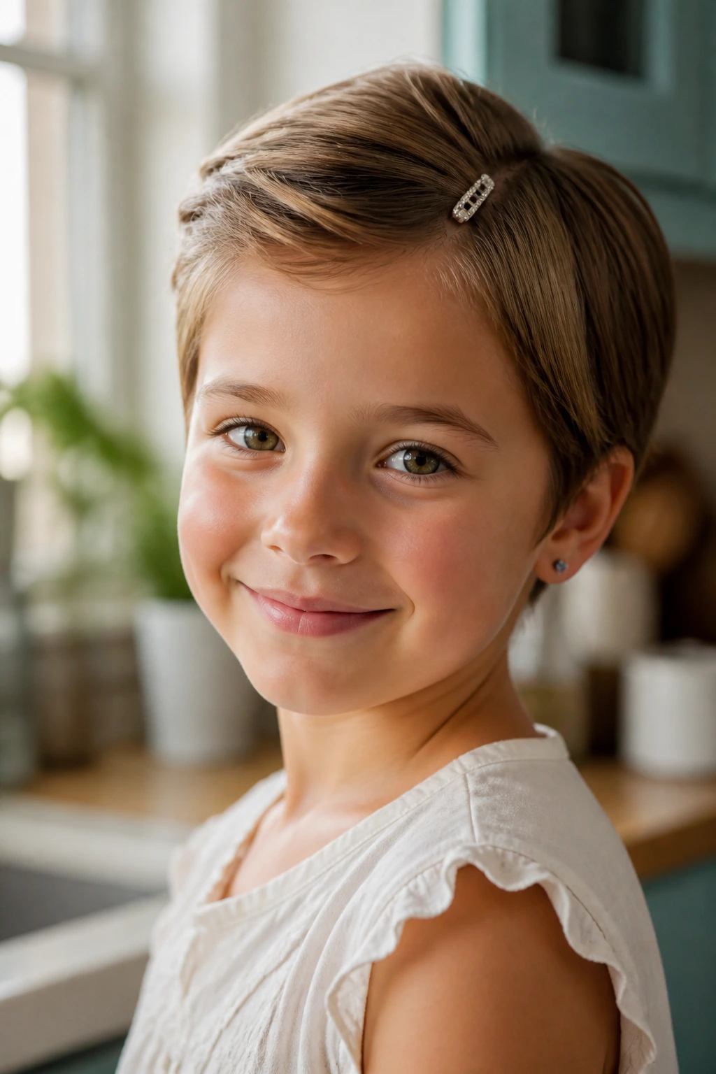Child with pixie cut showing quick side-parted style secured with a small clip.