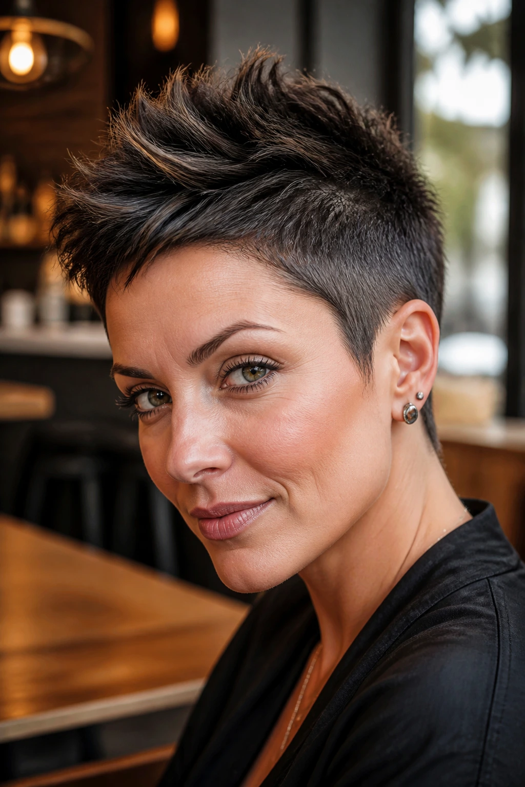 Close-up portrait of a real woman with textured pixie faux hawk in a chic cafe