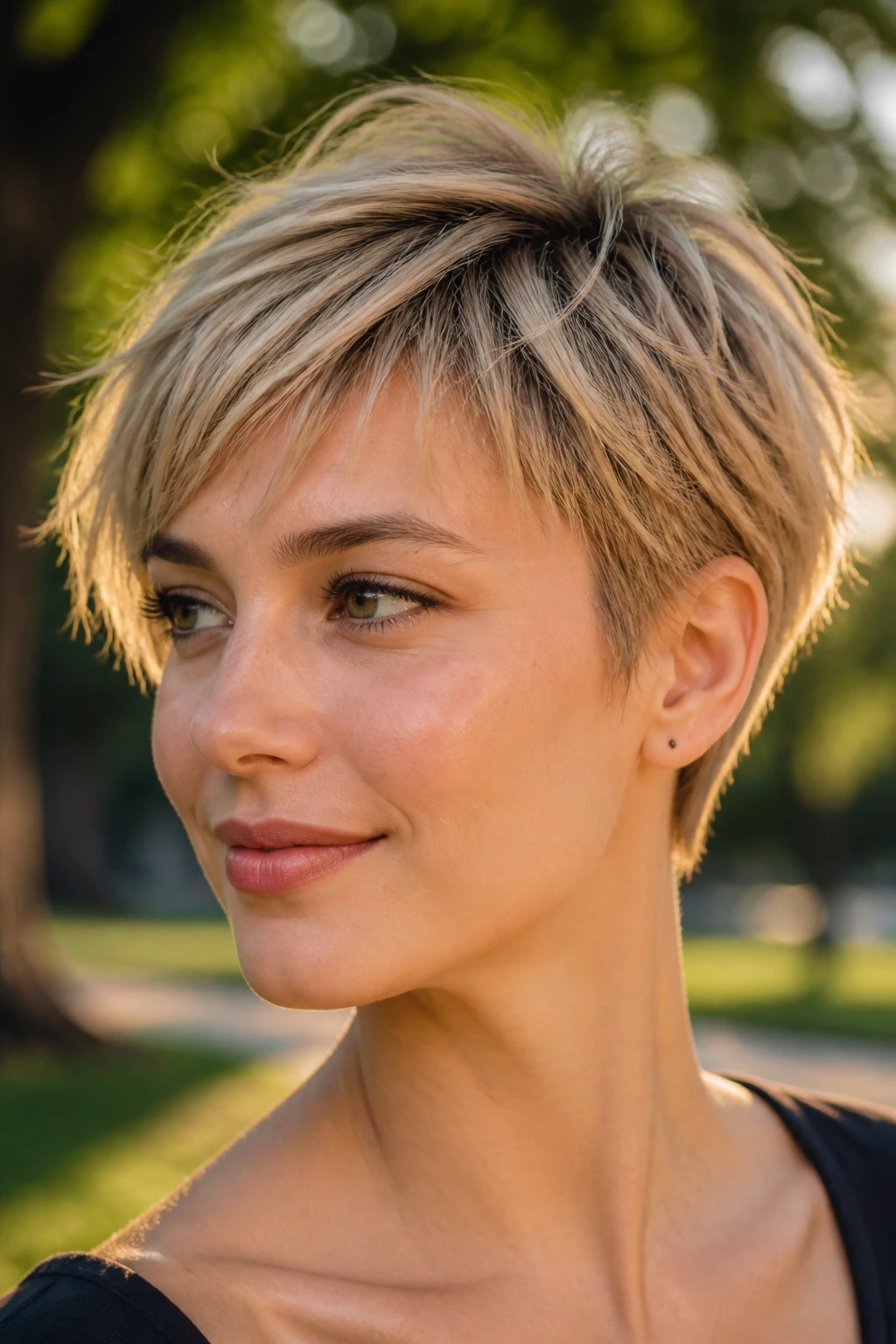 Close-up of a real person with feather-light straight pixie and airy ends in a park.
