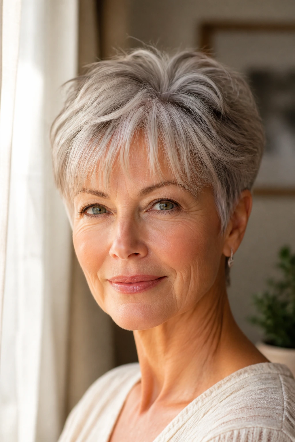 Close-up portrait of a woman with feathered bangs pixie hairstyle in sunlit interior
