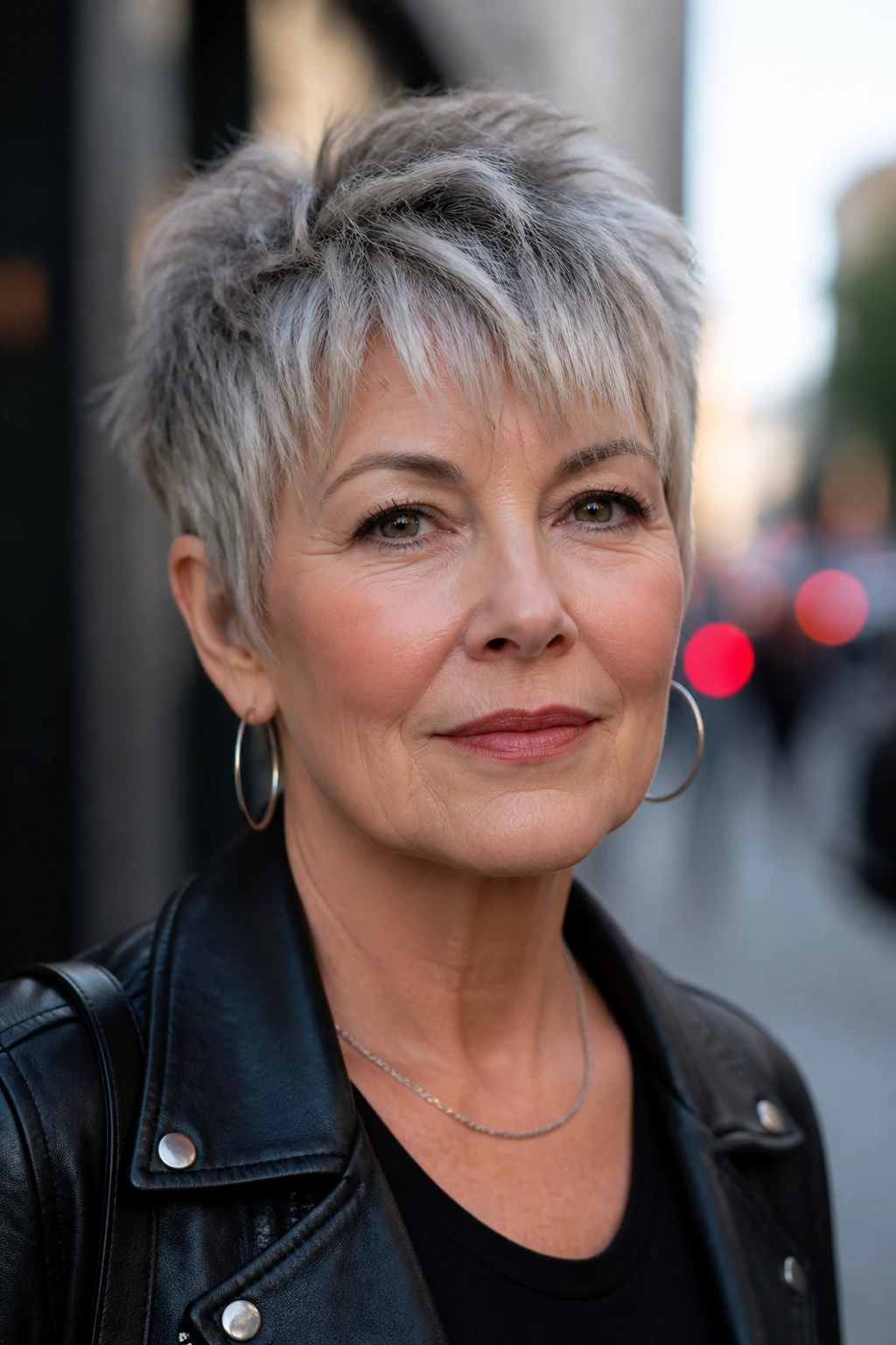 Real woman with a textured pixie and feathered fringe on urban street backdrop