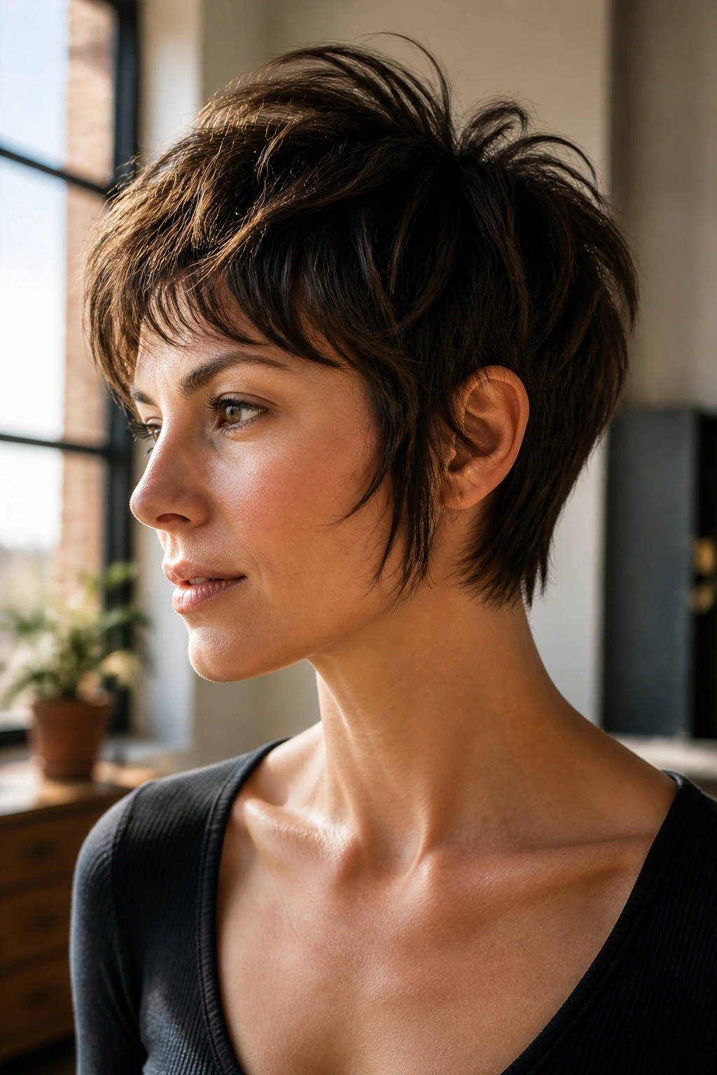 Portrait of a woman with feathered pixie and sideburn length in a sunlit loft