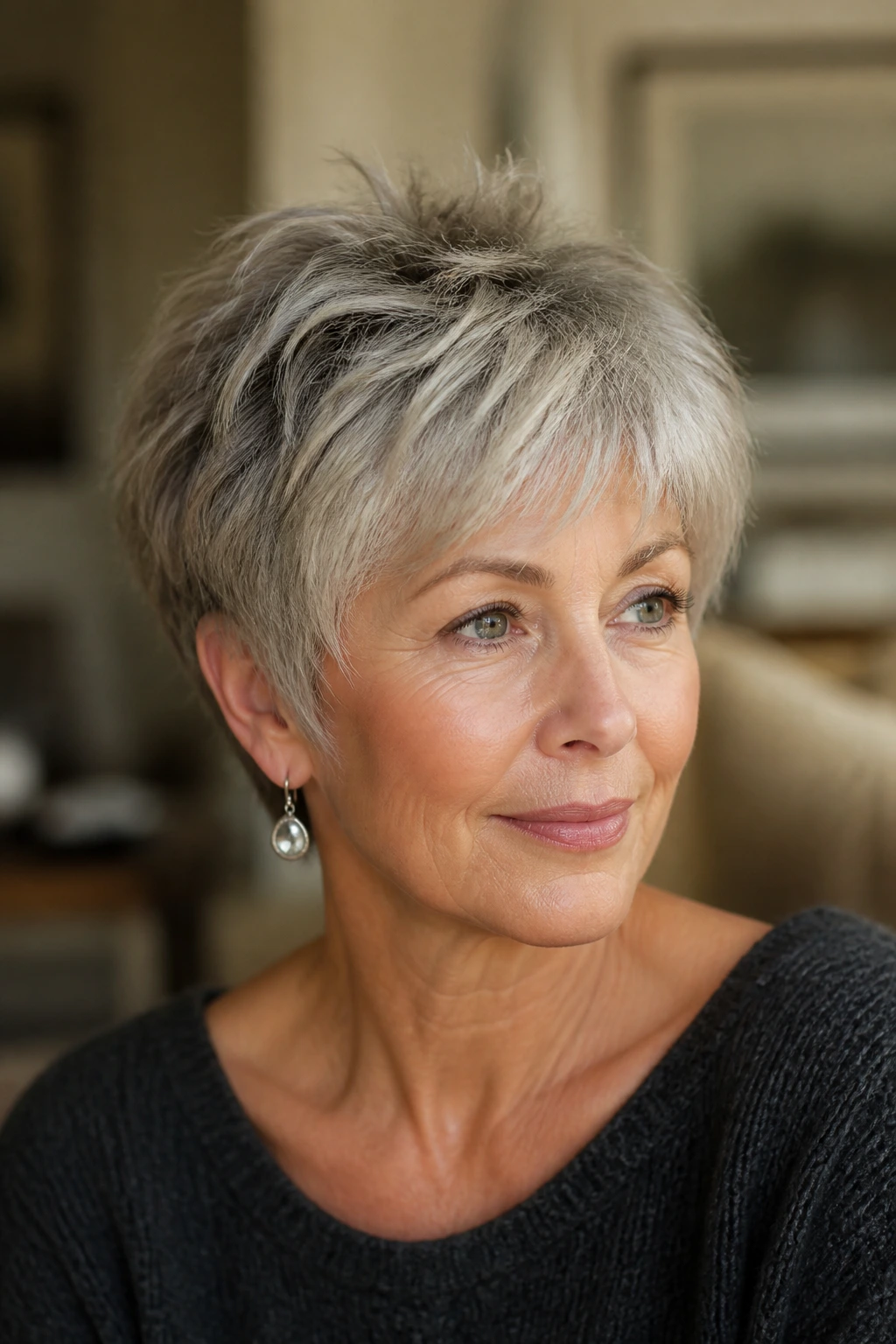 Close-up of a real woman with feathered shag pixie and light, airy layers