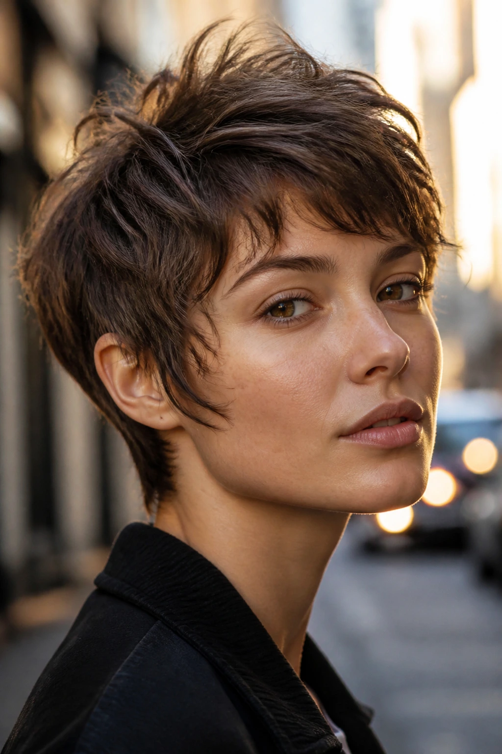 Close-up portrait of a woman with a messy feathered pixie and sideburns on a city street at golden hour.
