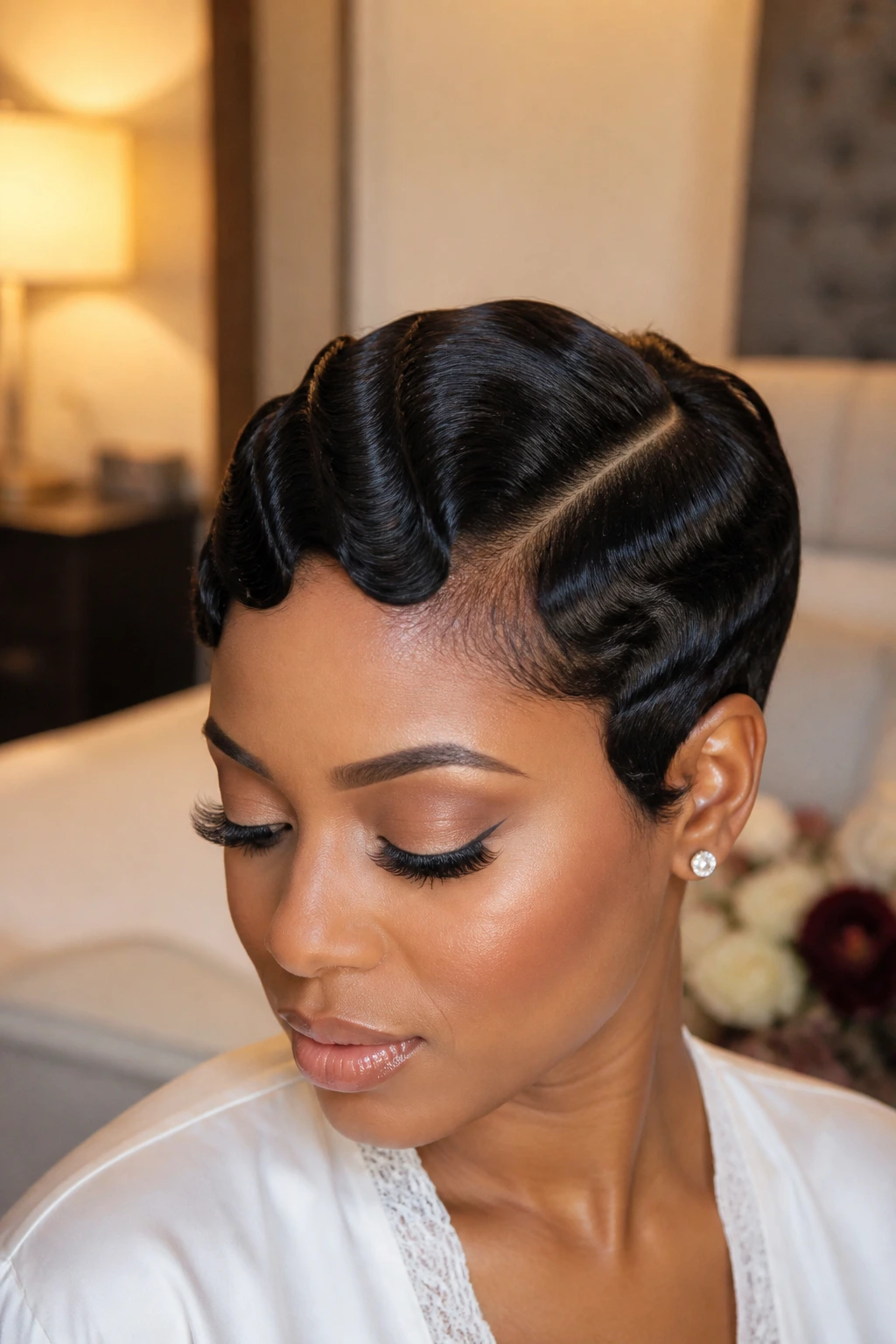 Close-up of a bride with a side-part pixie and finger waves