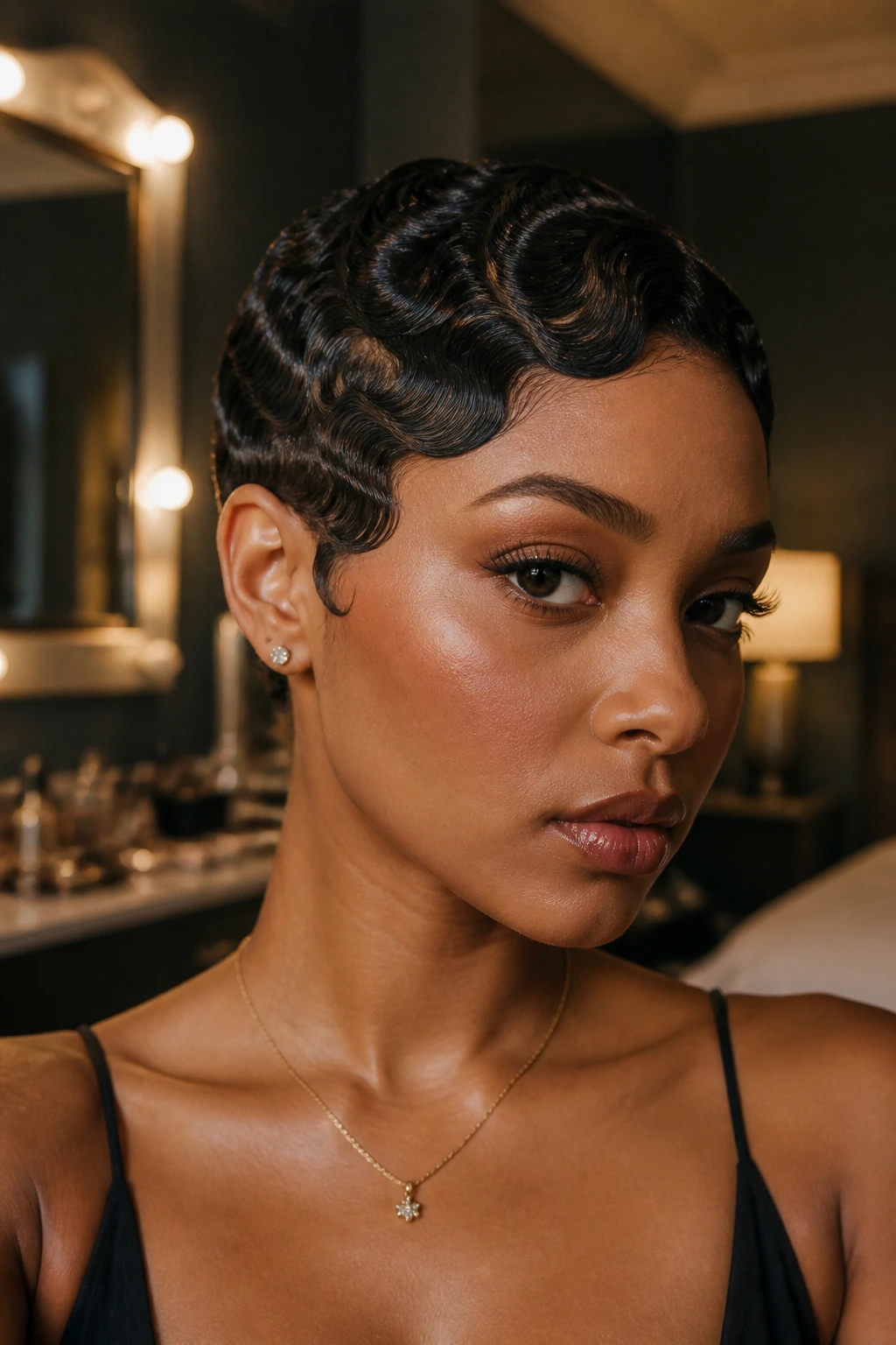 Close-up of a real woman with a short pixie and finger waves framing the face
