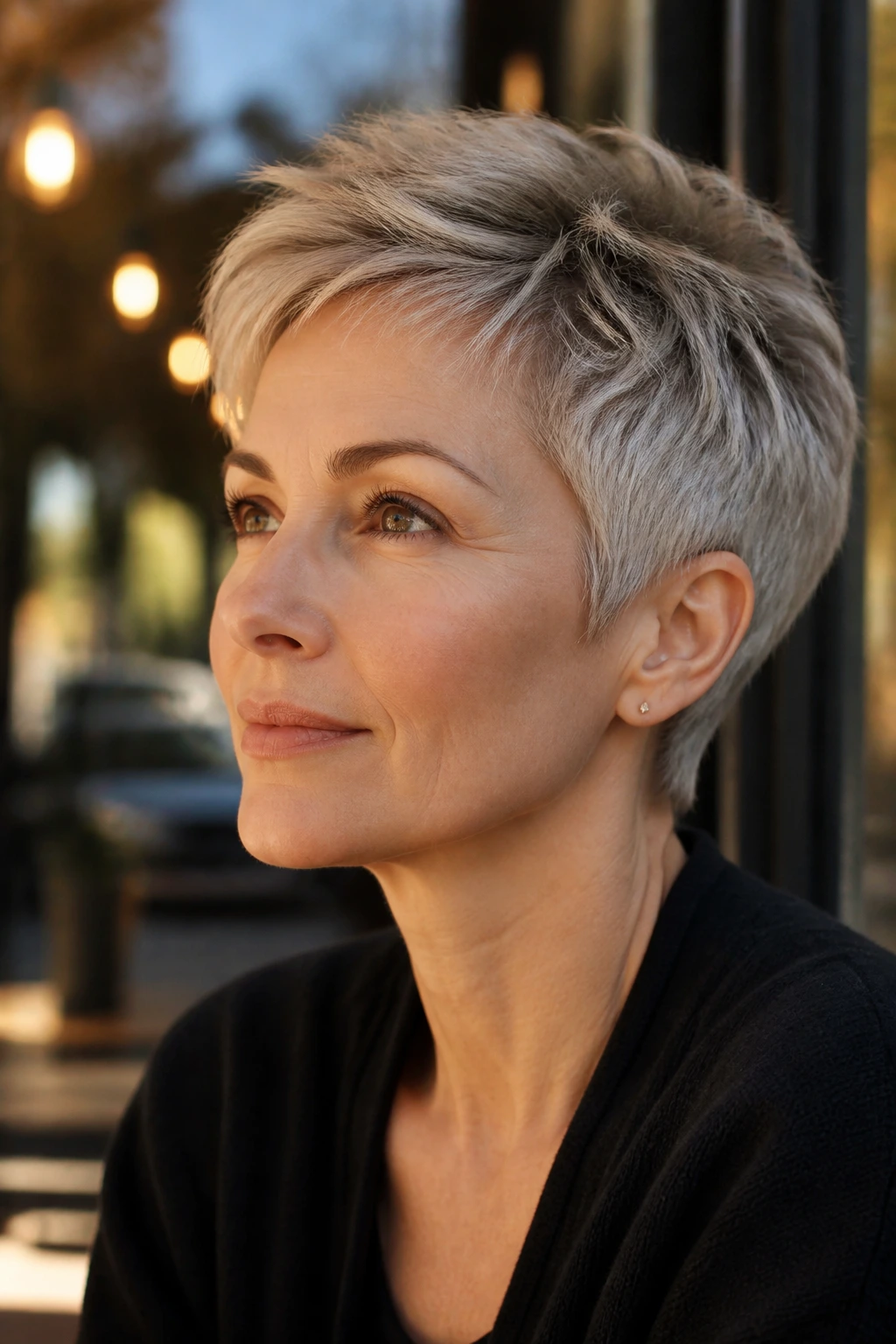 Real woman with sharp pixie finish and crown lift outdoors in golden hour light.