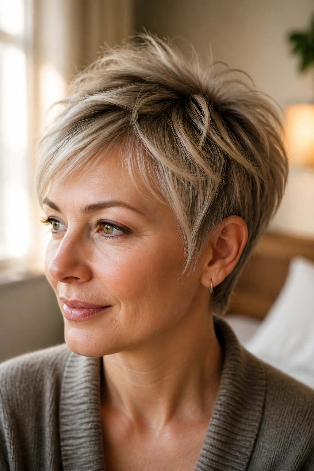 Close-up of a real woman with layered pixie showing subtle texture tweaks at crown and ends under warm window light