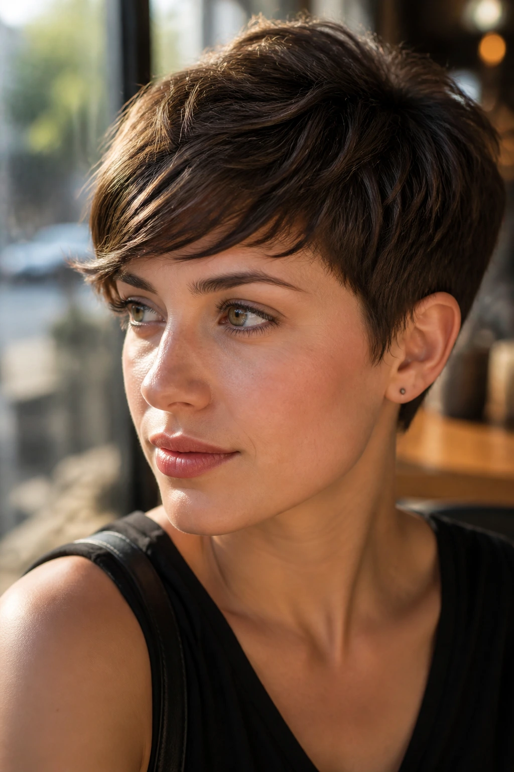 Close-up portrait of a real person with a pixie flick bang sweeping sideways