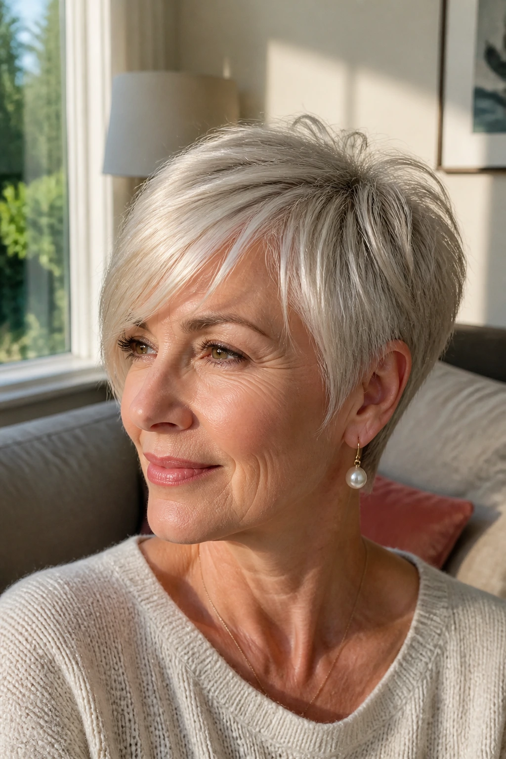Real woman with side-swept fringe pixie, forehead softly framed.