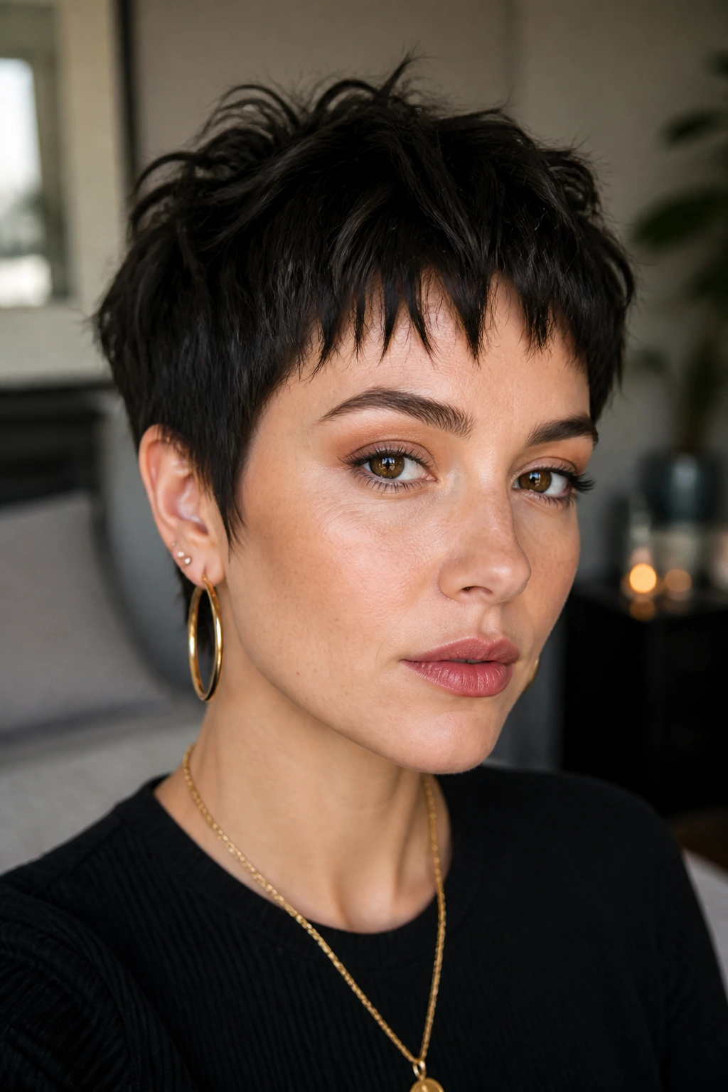 Pixie crop with sliced micro fringe on a real person