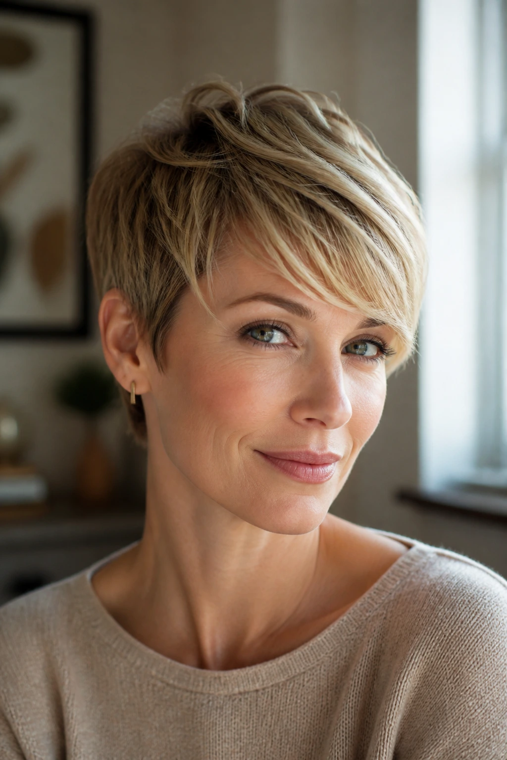 Close-up of a real woman with a soft pixie and side-swept fringe highlighting eyes