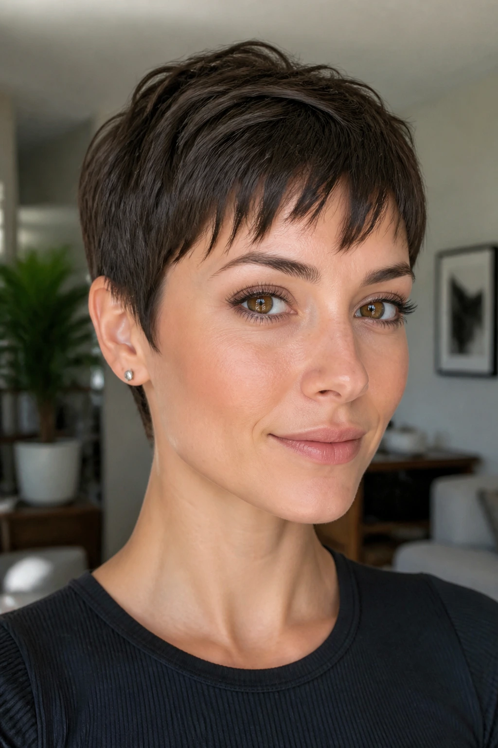 Close-up of a real person with pixie fringe in natural light