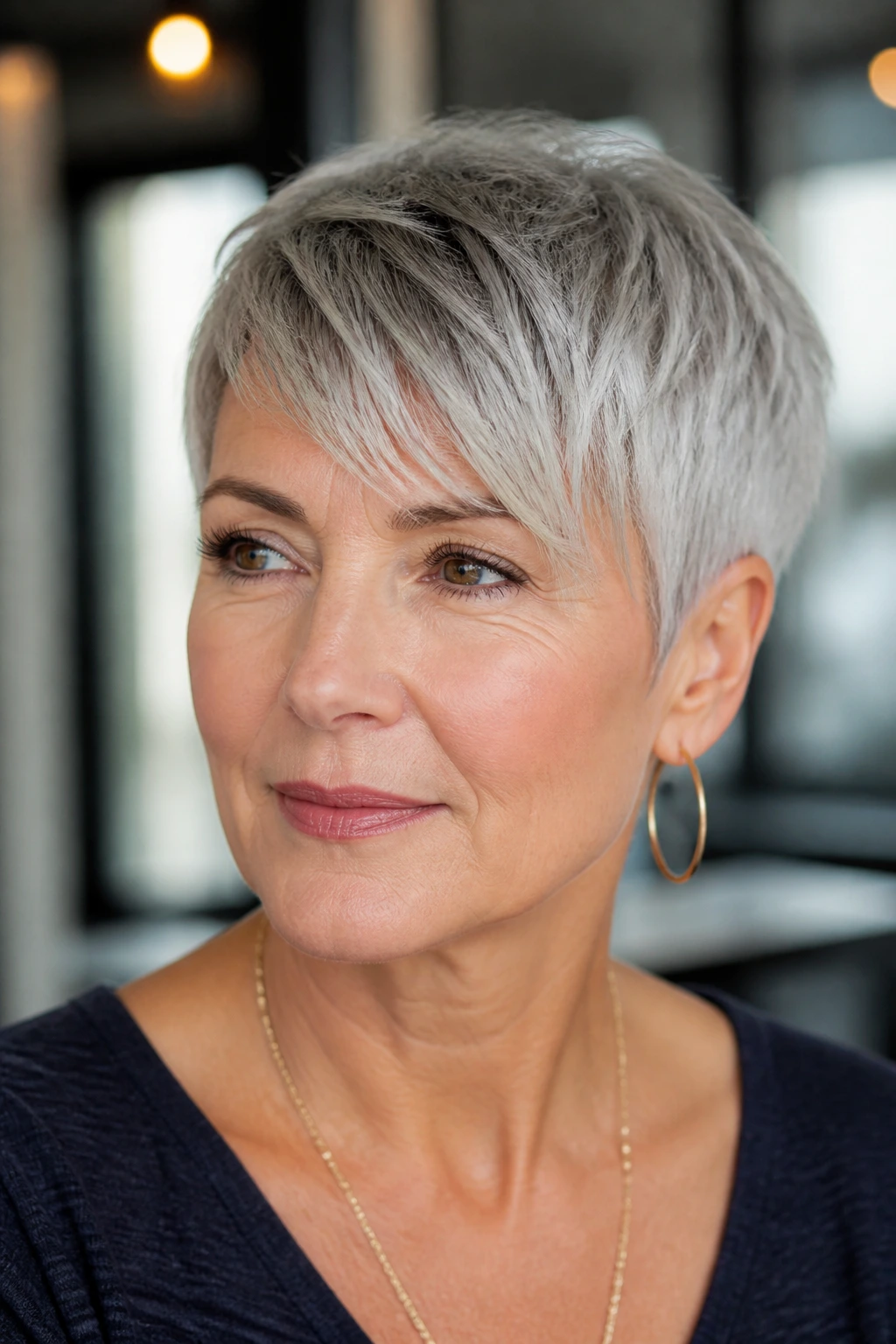 Close-up portrait of a real person with a pixie fringe swept to the side