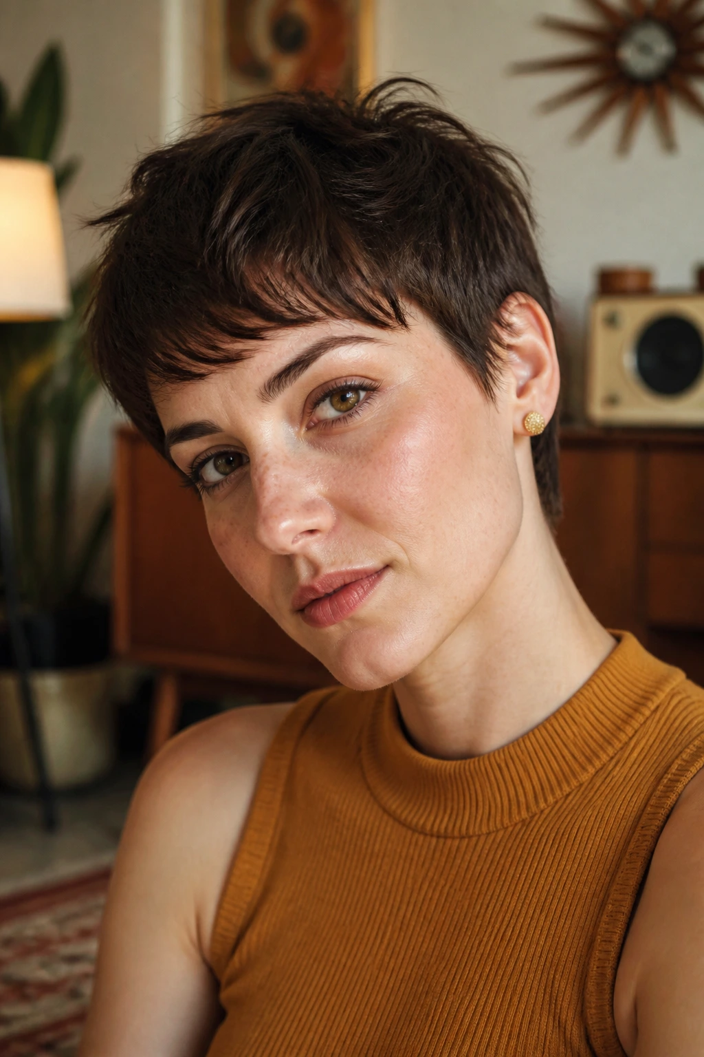 Close-up portrait of woman with textured retro bang pixie hairstyle