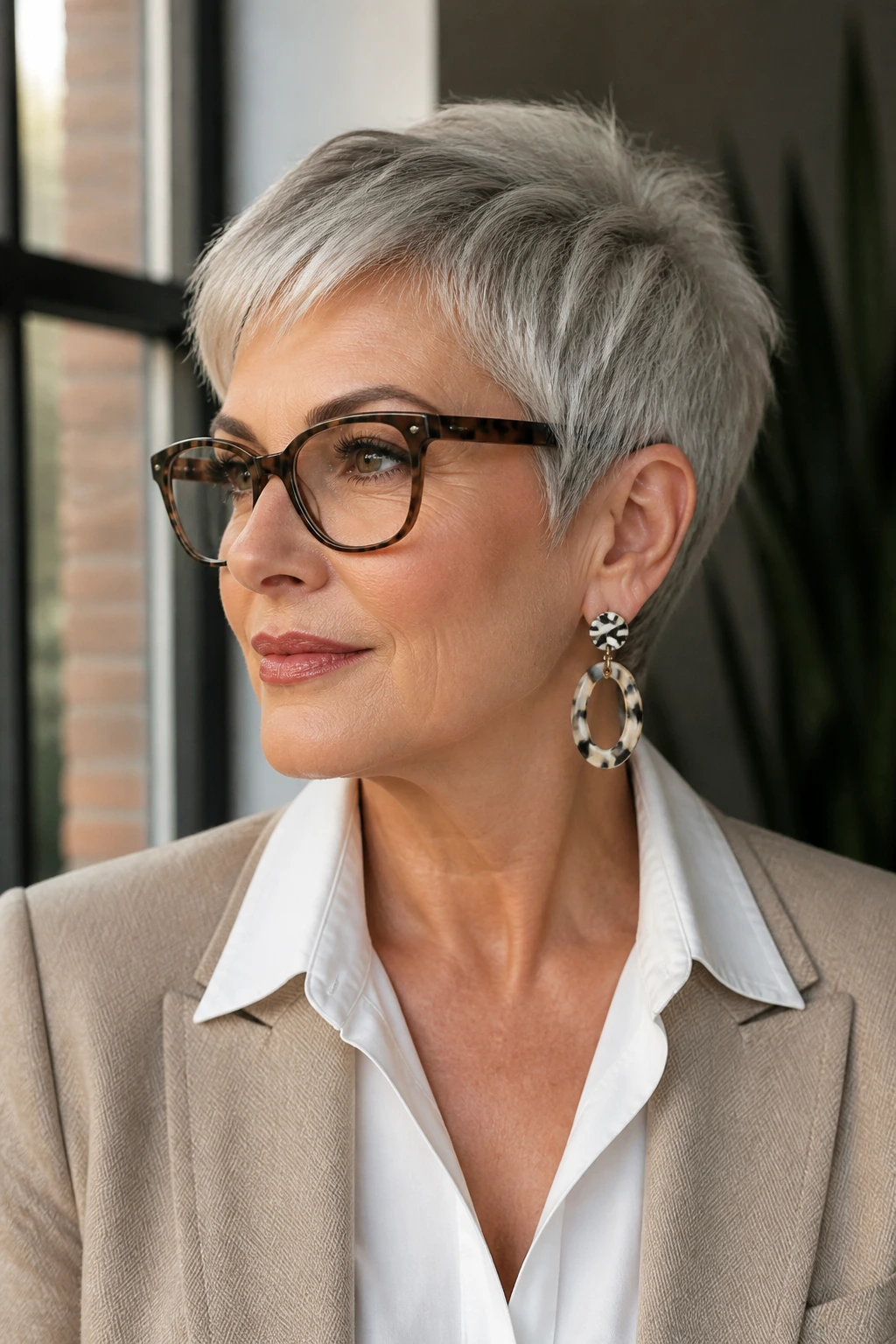 Portrait of a woman with pixie cut wearing glasses and earrings