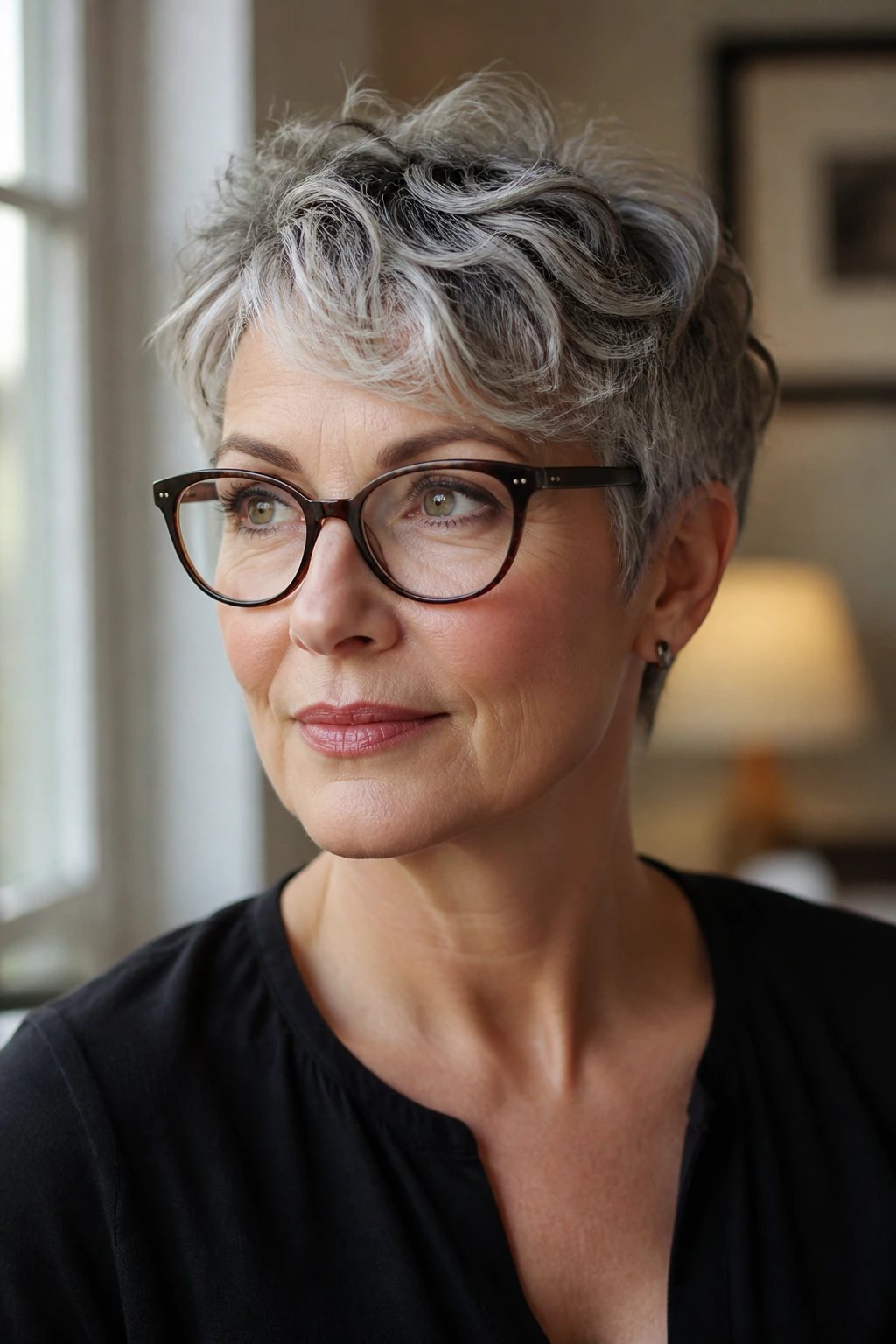 Portrait of a woman with glasses and pixie haircut showing flattering length and wave