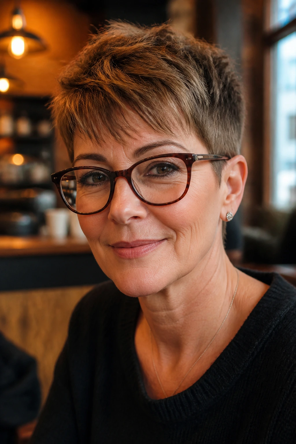 Close-up portrait of a real woman with glasses-friendly pixie hairstyle in a coffeeshop.