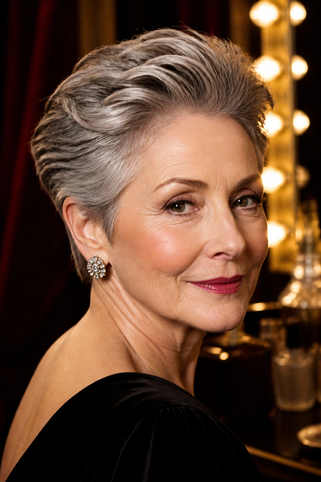 Close-up of a real woman's swept-back pixie with gray hair and lifted crown in a warm dressing-room
