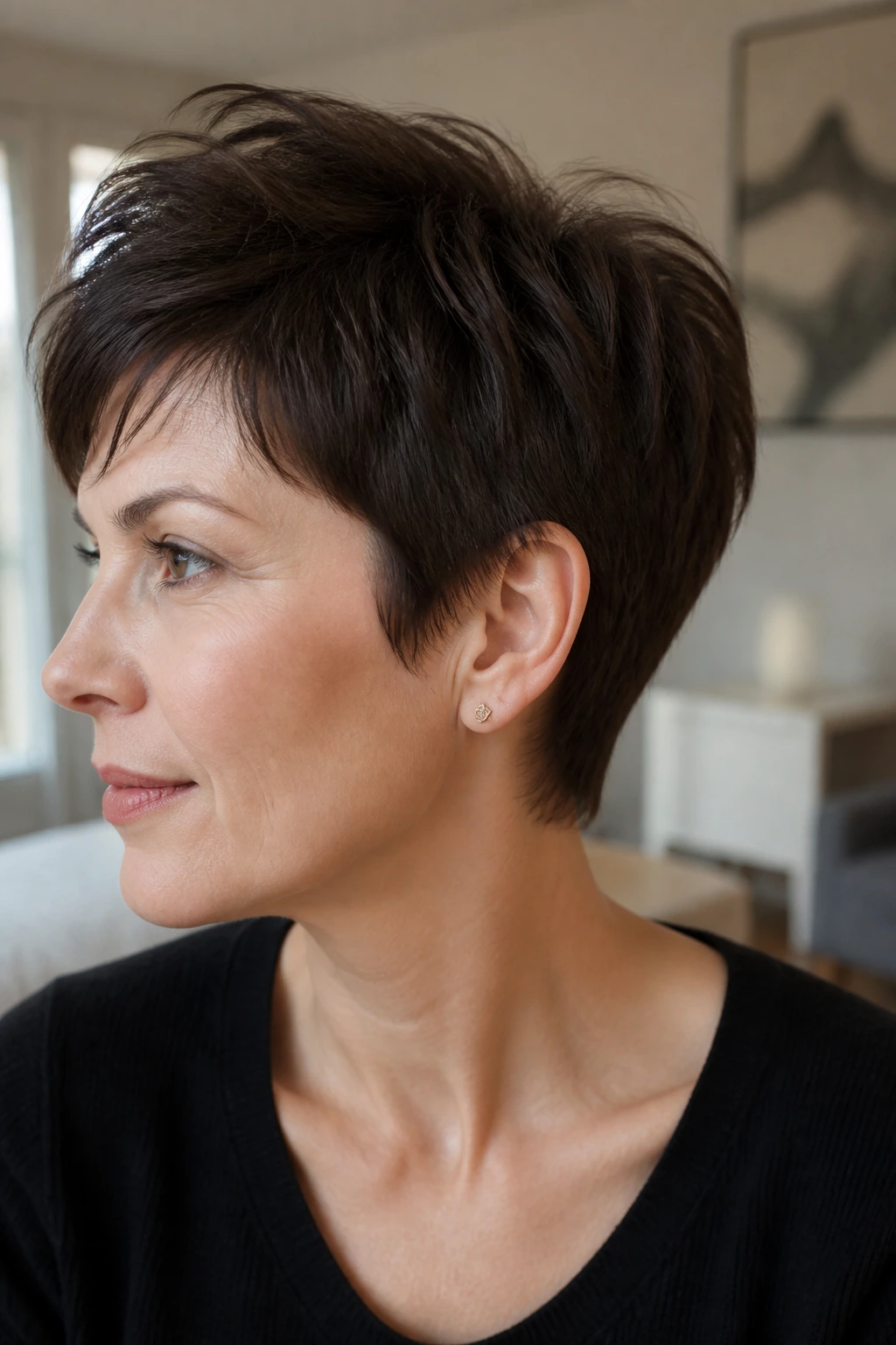 Real woman with a clean-line grow-out pixie, portrait in a modern interior.
