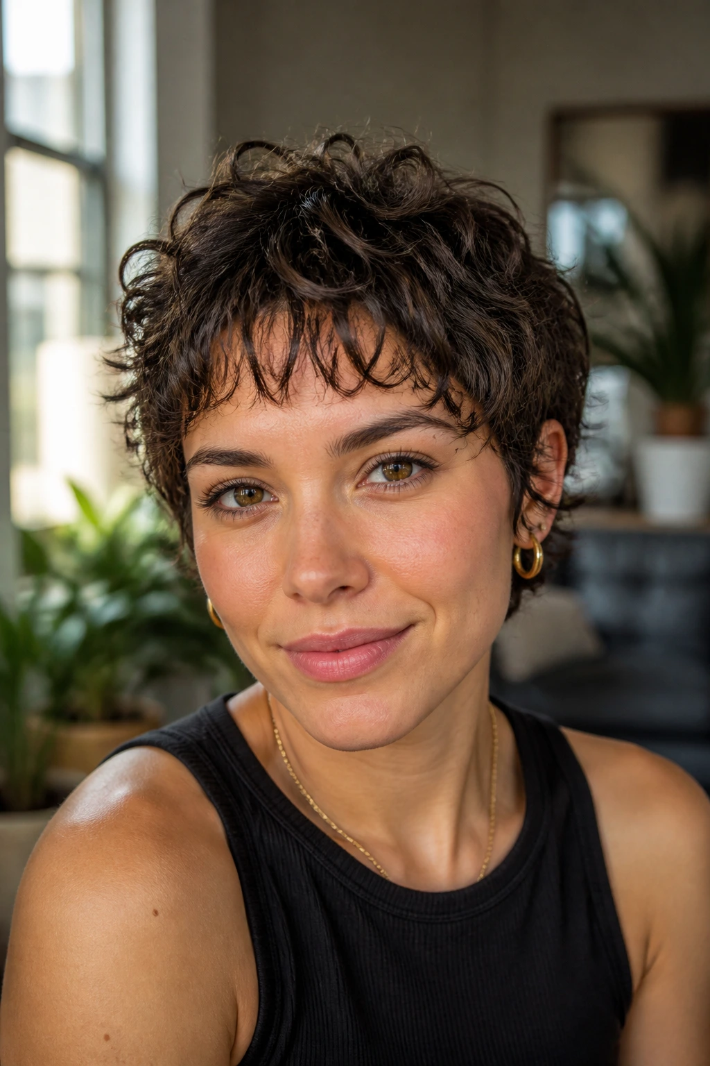 Close-up of a real person with pixie grow-out and bottleneck bangs