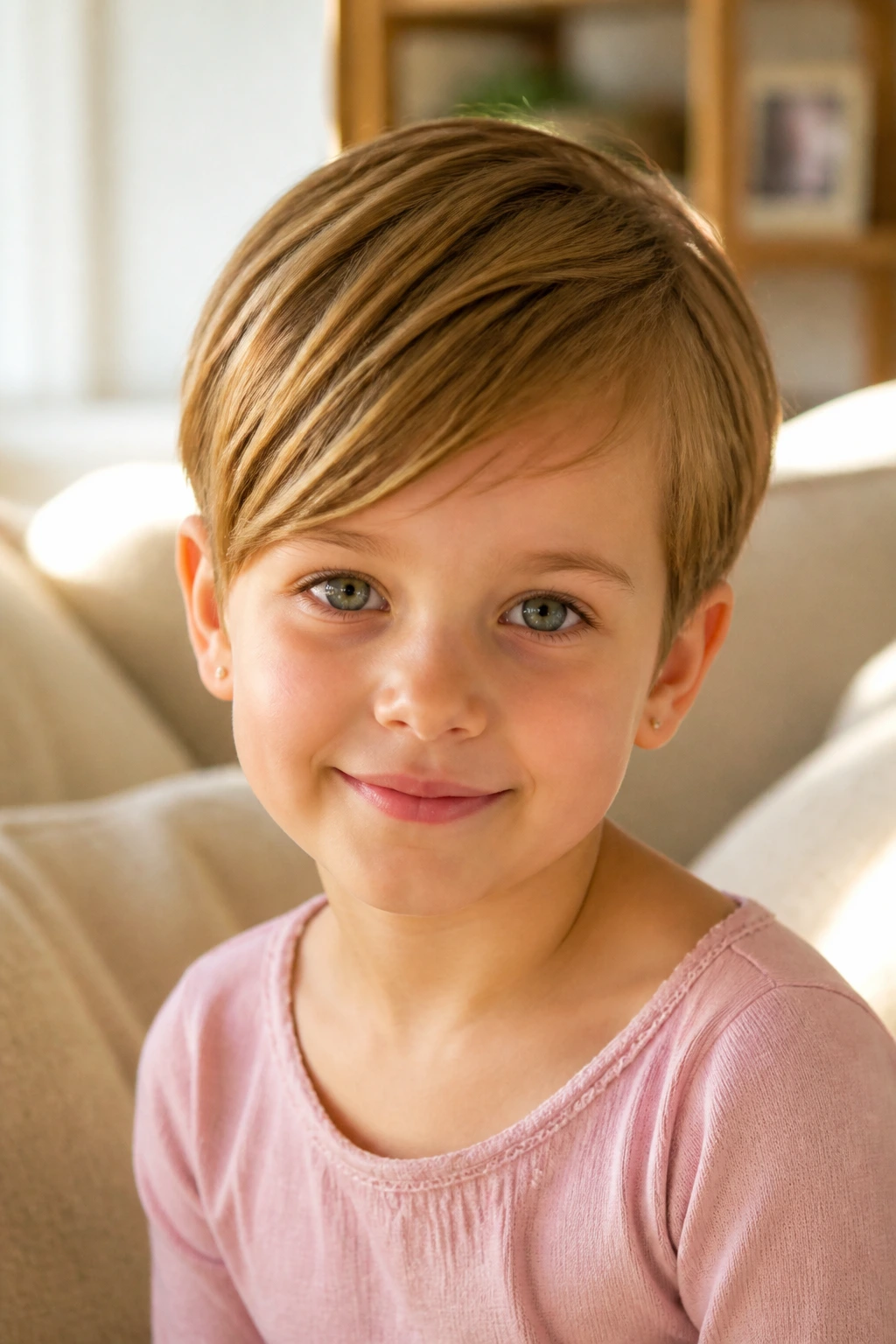 Close-up of a real child with a grow-out pixie, longer top and fringe