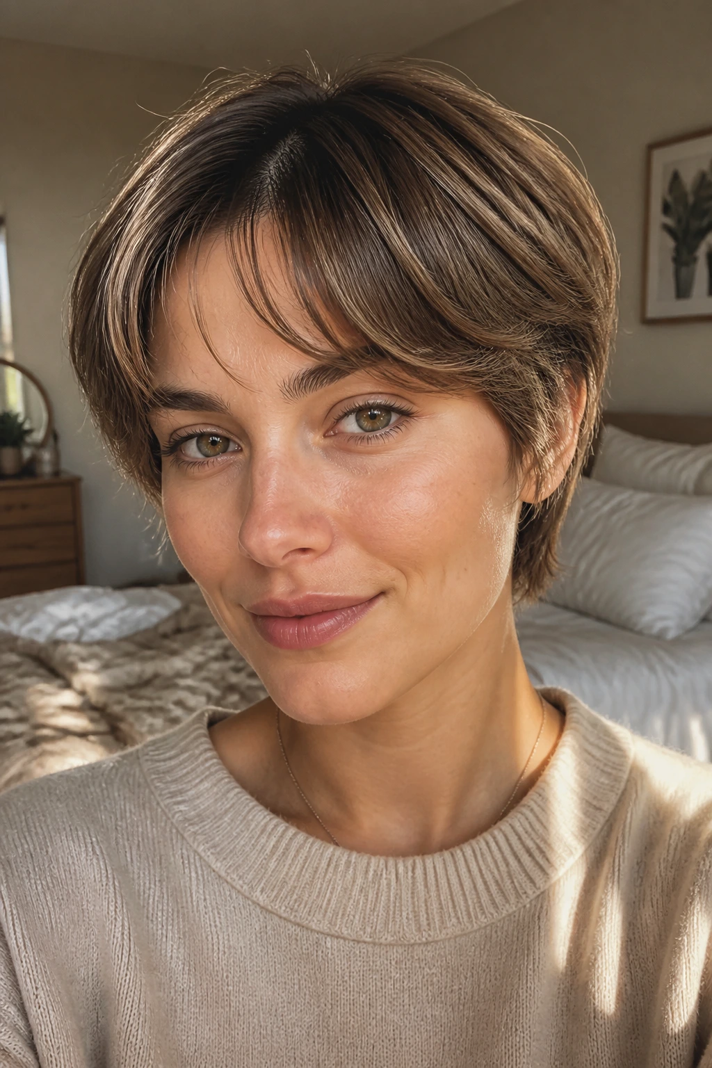 Close-up of a real person with pixie grow-out and mini curtain bangs in soft morning light