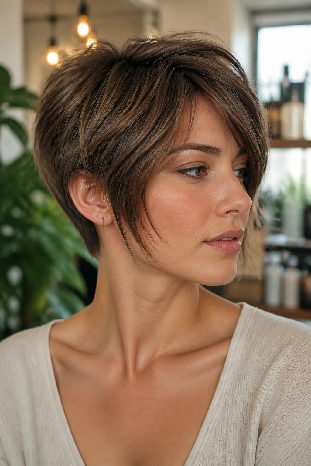 Close-up portrait of a real woman with pixie grow-out layers and long sides, natural light