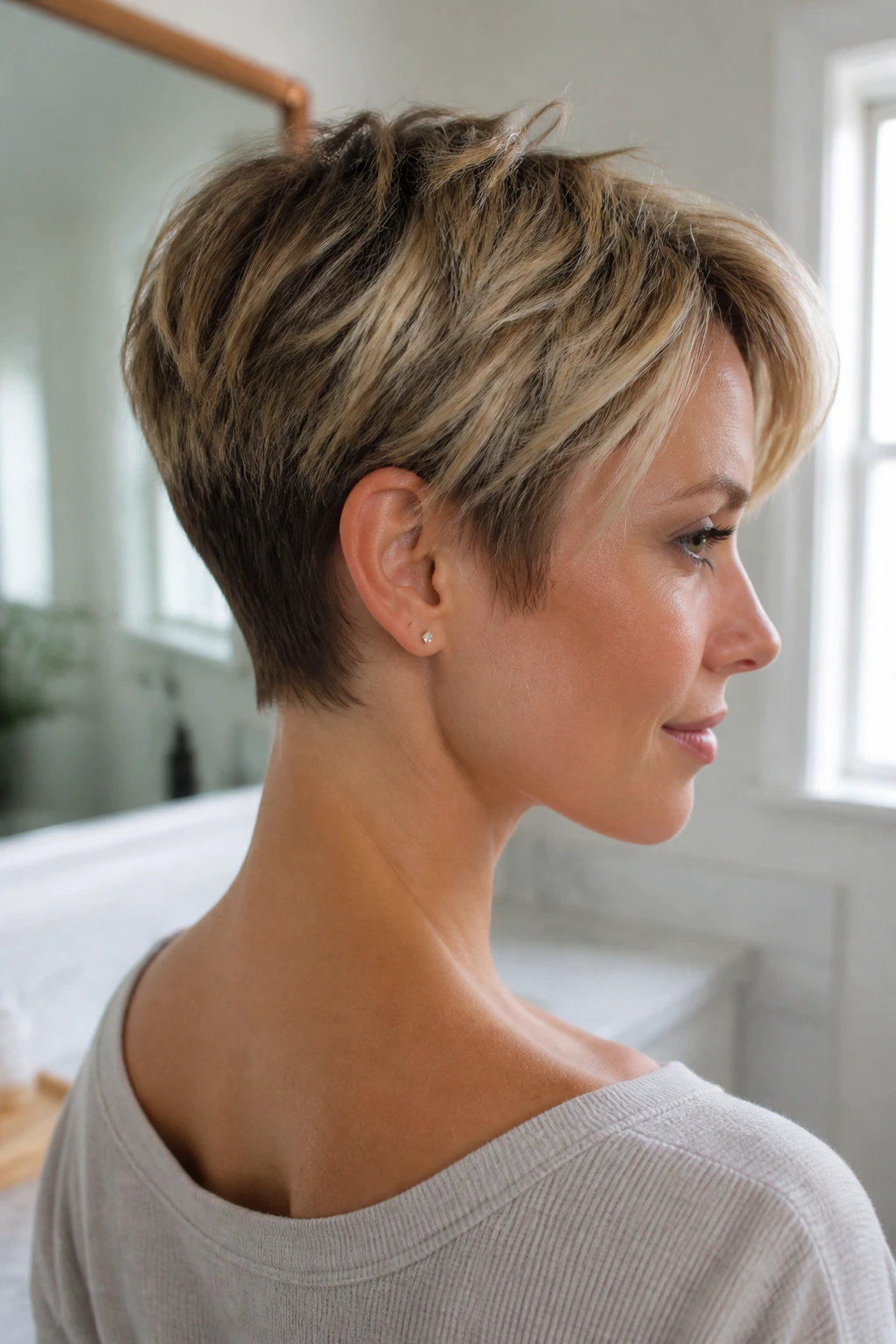 Portrait showing pixie growth with longer crown and trimmed nape