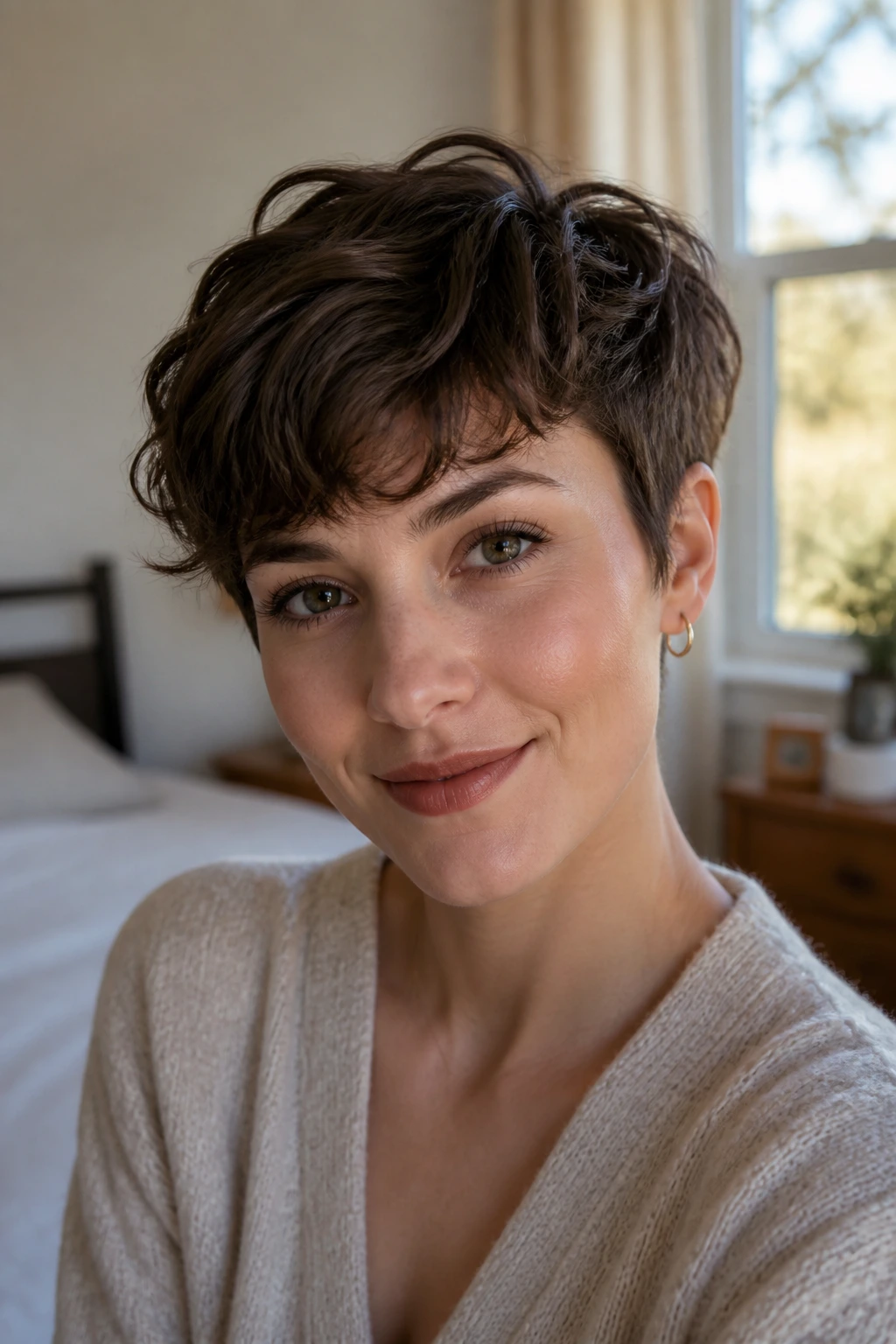 Close-up of a real woman's soft-edged pixie grow-out with longer crown in warm window light